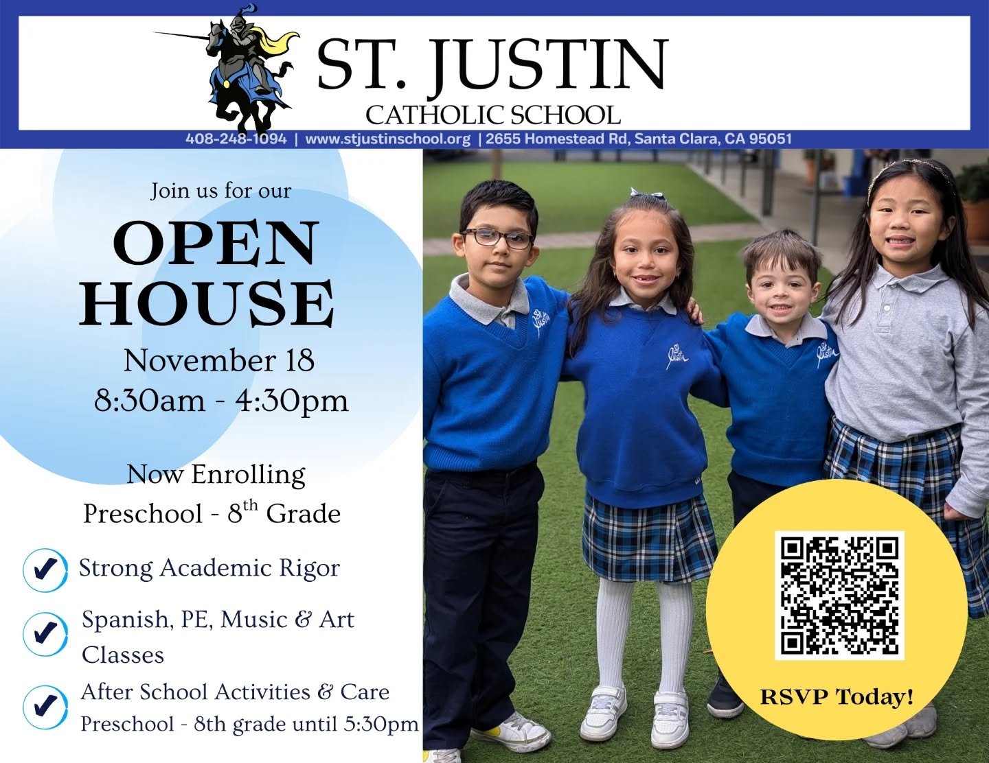 🌟 You&rsquo;re Invited to Our Open House! 🌟

Looking for a joyful, faith-filled, and academically strong school community for your child? Come see what makes St. Justin School (Preschool&ndash;8th Grade) such a special place! 💙✨

Join us on Tuesda