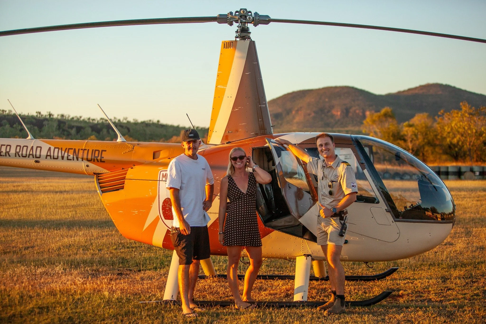 Golden Hour at Mount Hart ✨ 

Pilot Hamish with some happy customers after an epic sunset scenic flight 🌅🚁

#KimberleyAdventure #KimberleyWA #VisitBroome #MountHart #MountHartWildernessLodge #HelicopterAdventure #ScenicFlight #KimberleyHeli #Outbac
