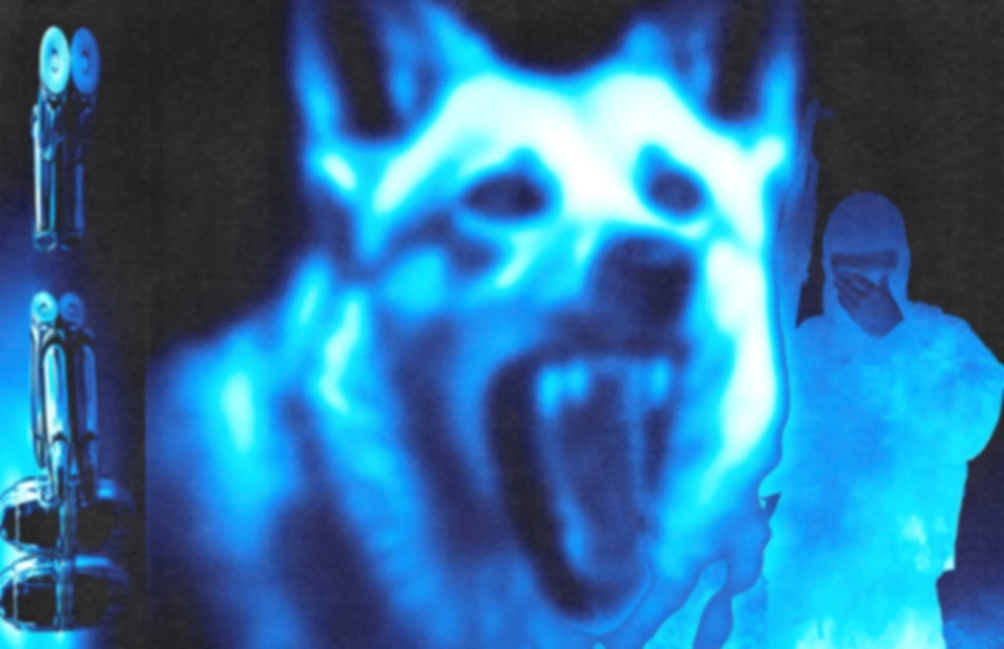 A child with a shocked expression, mouth open, illuminated by blue light, with a person wearing glasses and a face mask in the background.