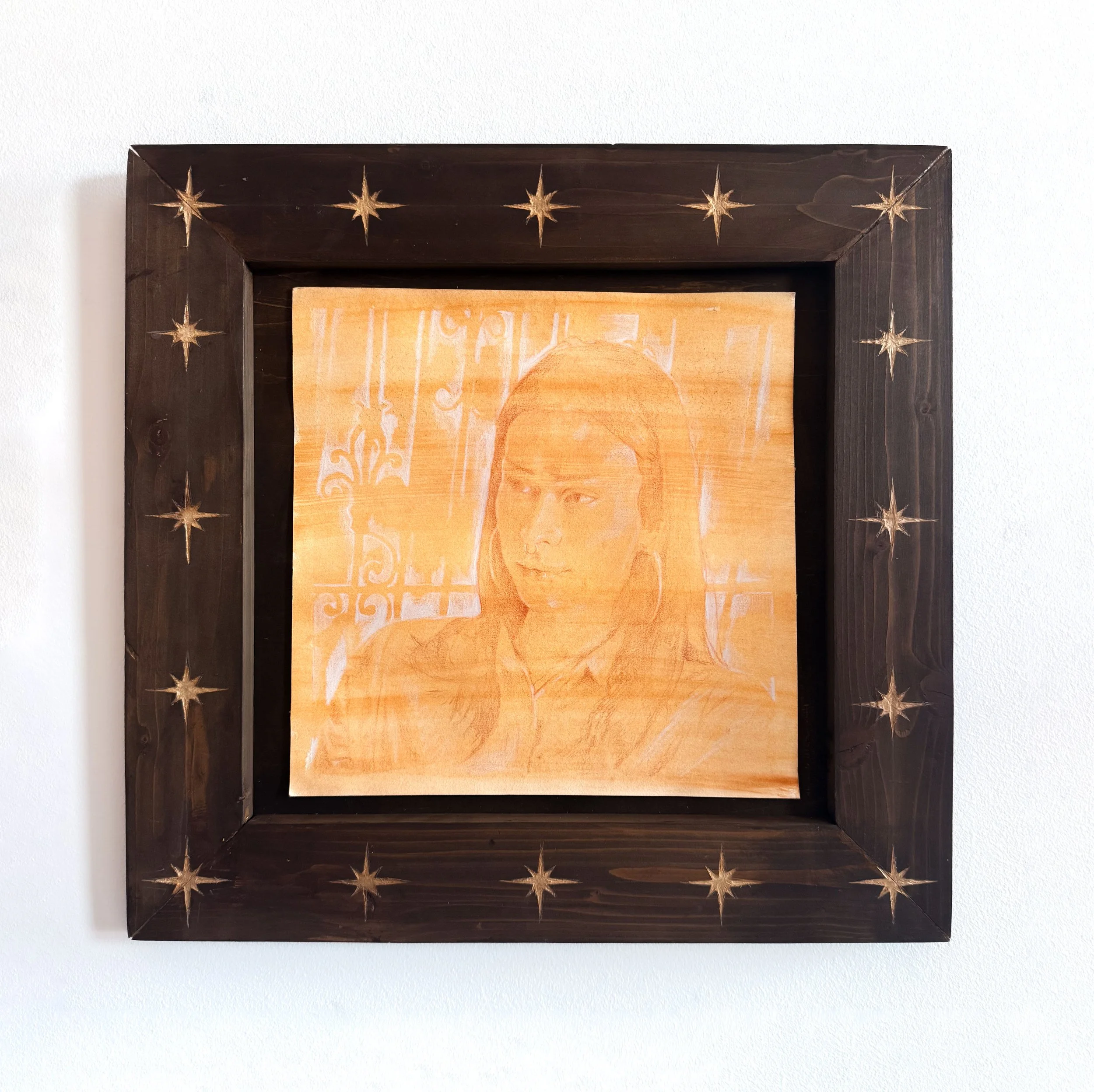 "In Good Company", 2026, 19 x 19 in, Acrylic and Colored Pencils Drawing on Engraved Wooden Frame [In collaboration with Victoria Reshetnikov]