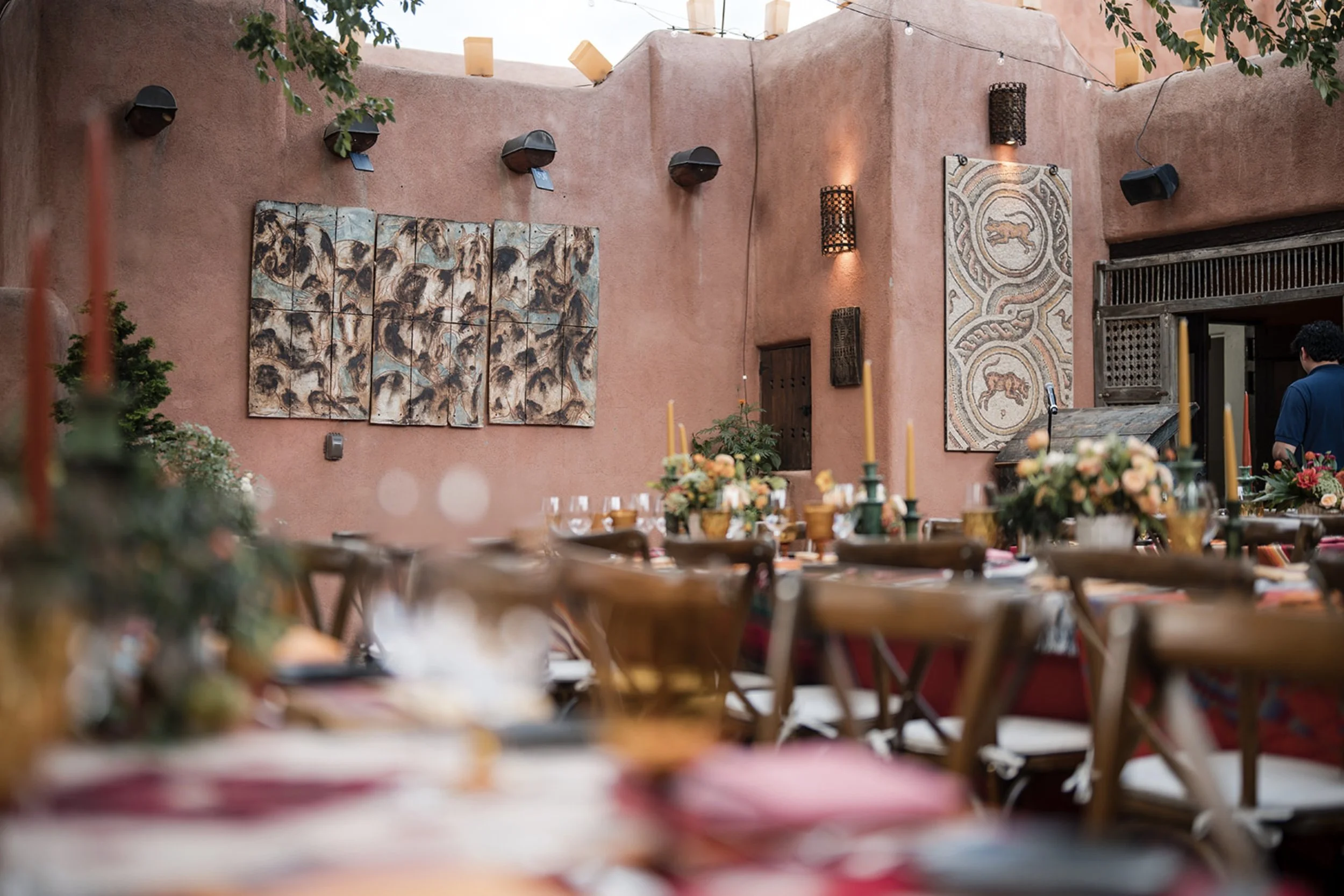 Pink Adobe courtyard mosaic art adobe walls private dinner event venue Santa Fe photographer
