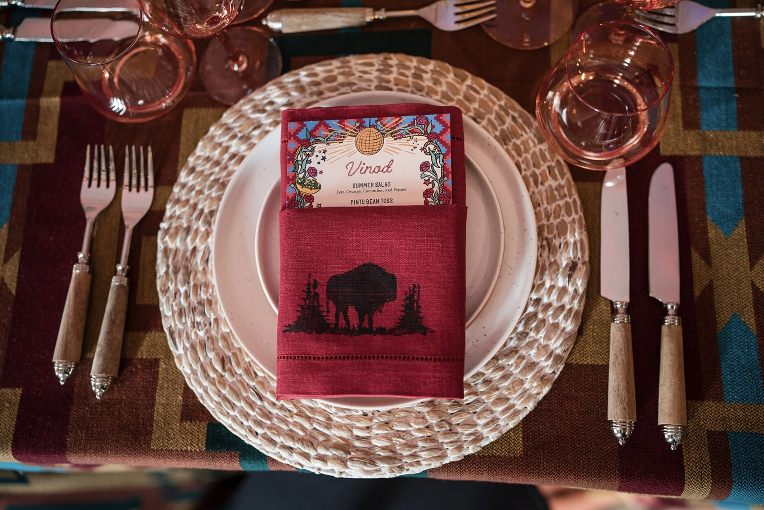 custom place setting bison napkin illustrated menu woven charger private event Santa Fe photographer