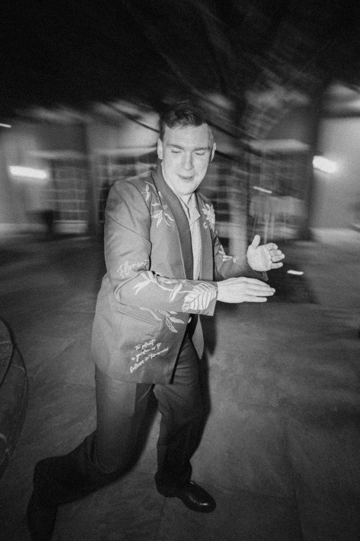 groom dancing reception black white flash wedding photography The Ridge Santa Fe