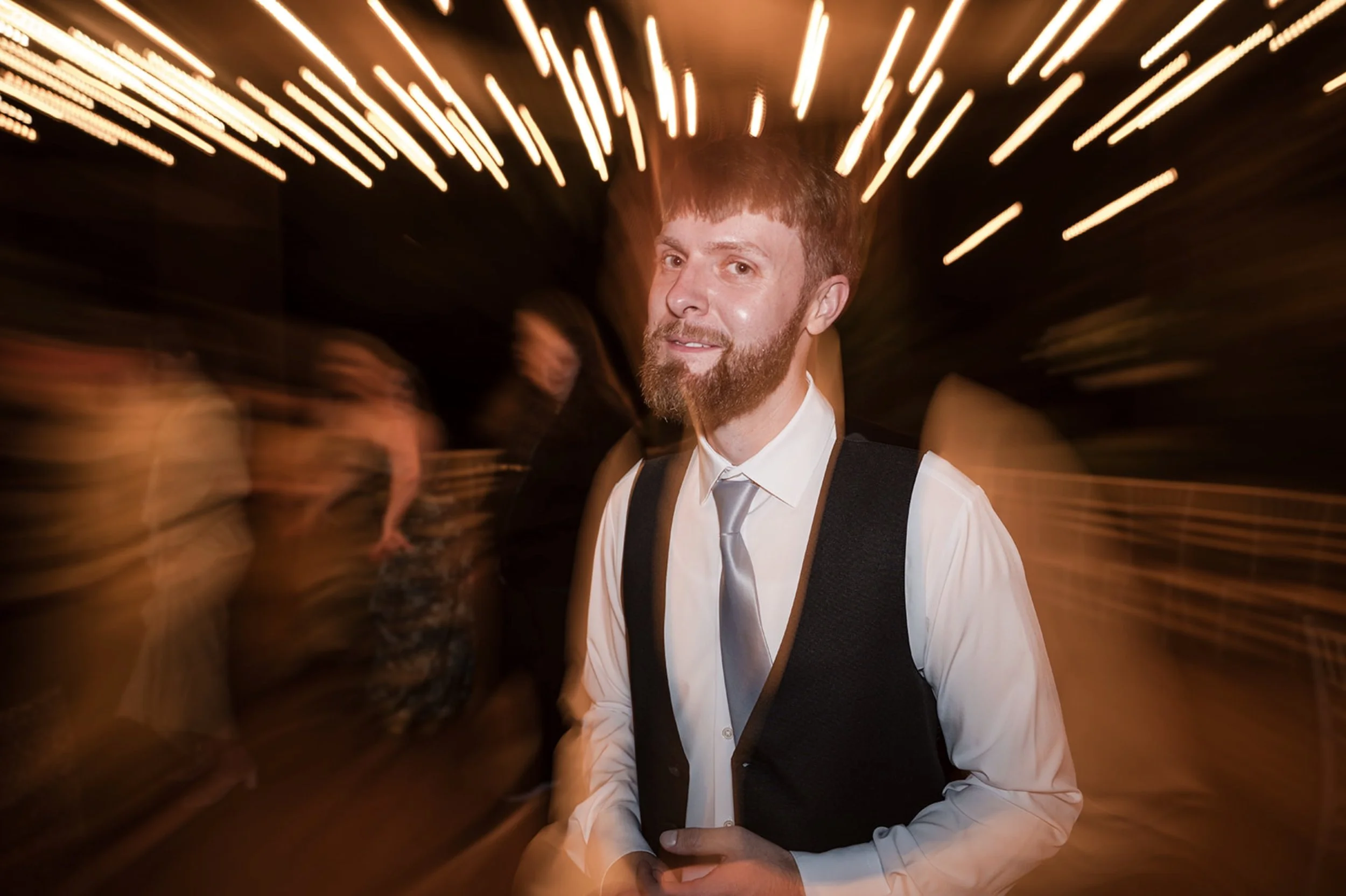 groom reception slow sync flash photography string lights The Mystic Santa Fe wedding Casey Addason