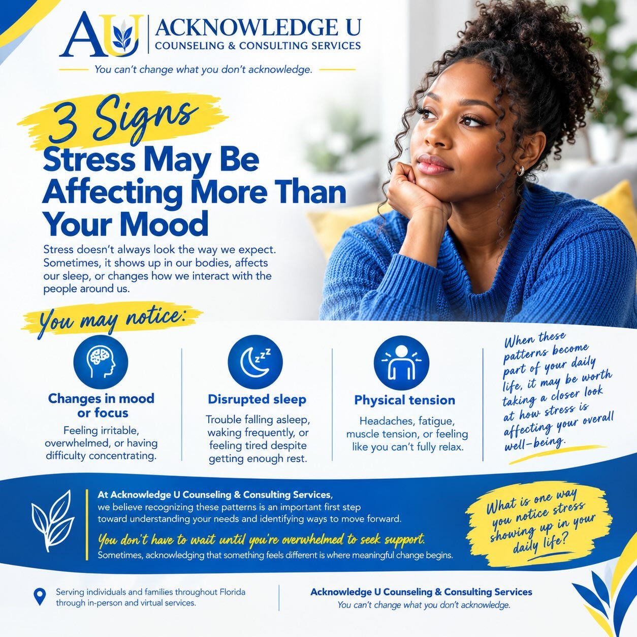 Stress doesn&rsquo;t always look the way we expect. Sometimes, it shows up in our bodies, affects our sleep, or changes how we interact with the people around us.

You may notice:
🧠 Changes in mood or focus &mdash; feeling irritable, overwhelmed, or