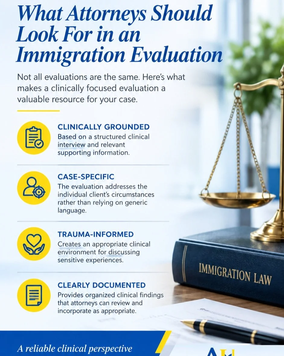 Not all clinical evaluations are the same. When seeking an evaluation resource for a client, having a thoughtful, individualized, and clinically grounded approach matters.

At Acknowledge U Counseling &amp; Consulting Services, our immigration evalua