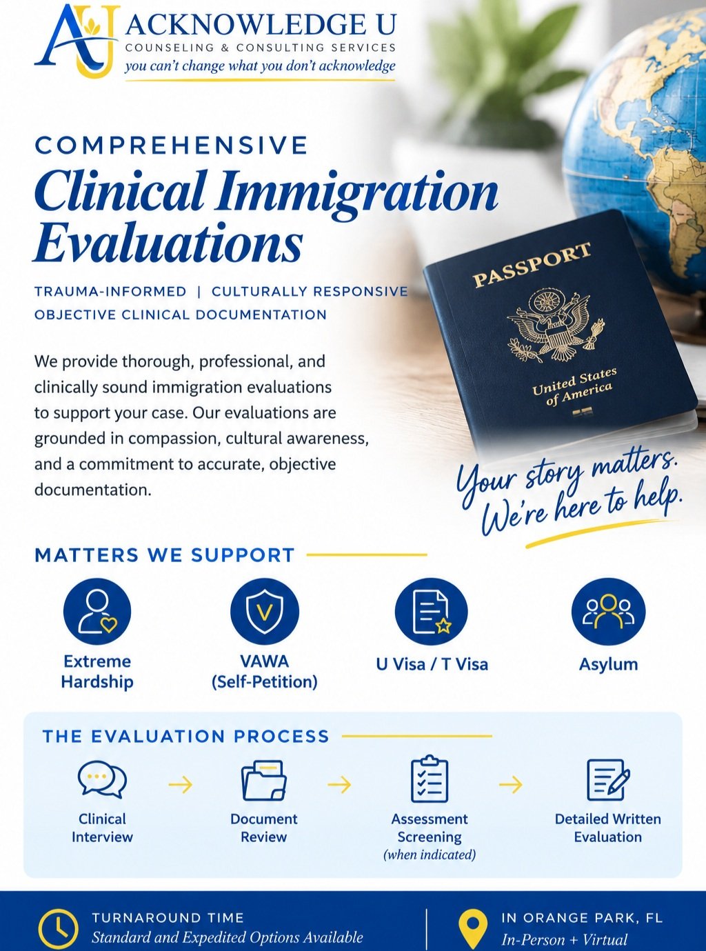 💙 Your story matters. We&rsquo;re here to help.

Navigating the immigration process can be overwhelming, and having comprehensive clinical documentation can be an important part of telling your story.

At AUCCS we provide trauma-informed, culturally