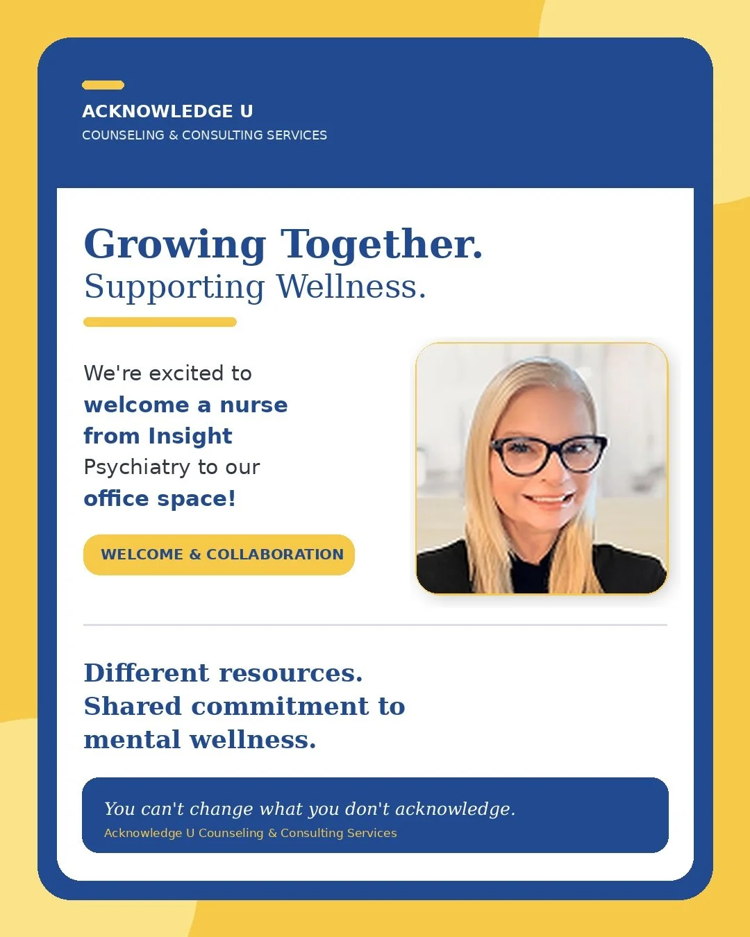 💙 Growing Together. Supporting Wellness.

At Acknowledge U Counseling &amp; Consulting Services, we believe that access to mental health resources and collaborative support can make a meaningful difference in the wellness journey.

We're excited to 