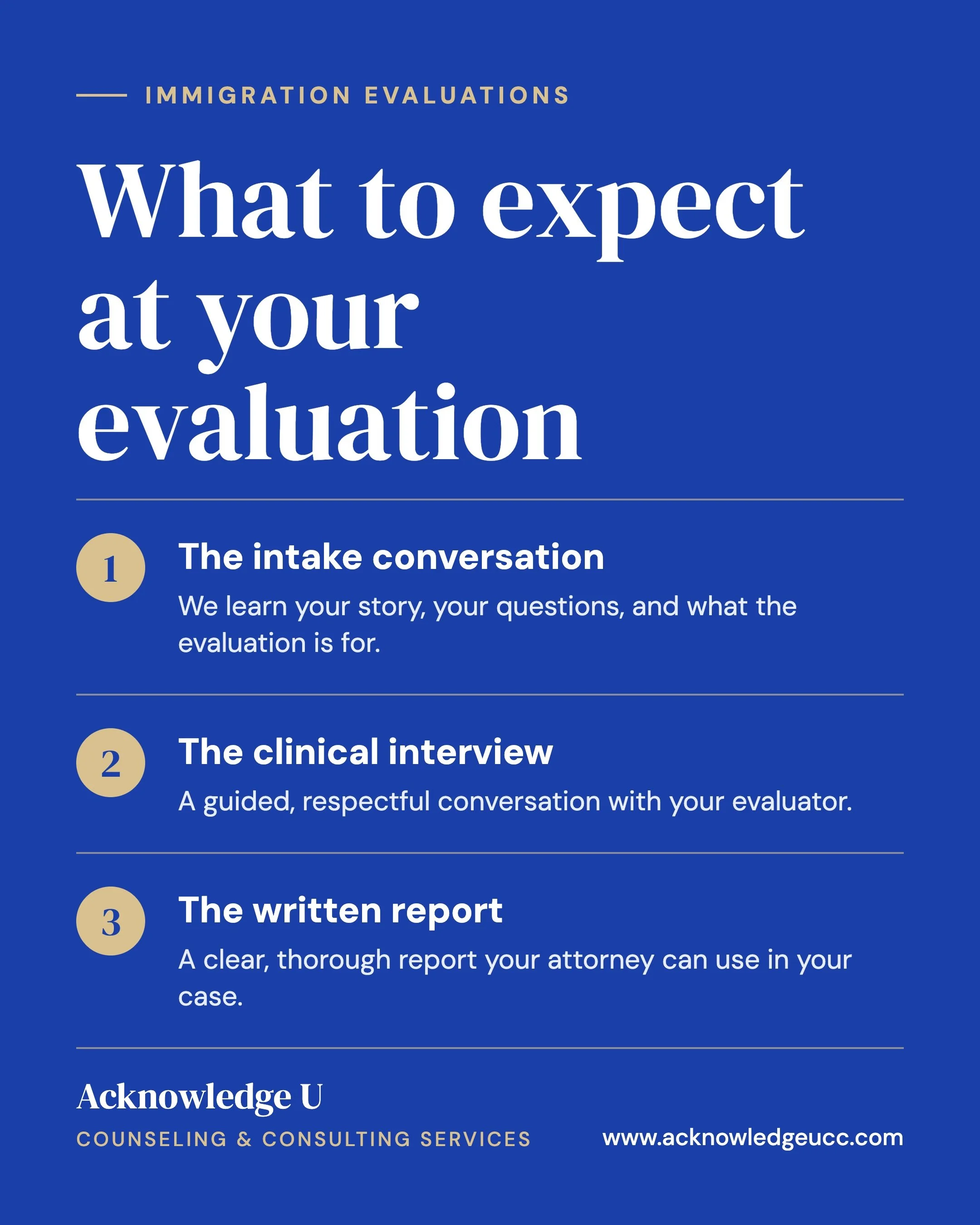 💙 What Can You Expect During an Immigration Evaluation?

The thought of completing an immigration evaluation can feel overwhelming, especially when it involves sharing difficult or deeply personal experiences.

At Acknowledge U Counseling &amp; Cons