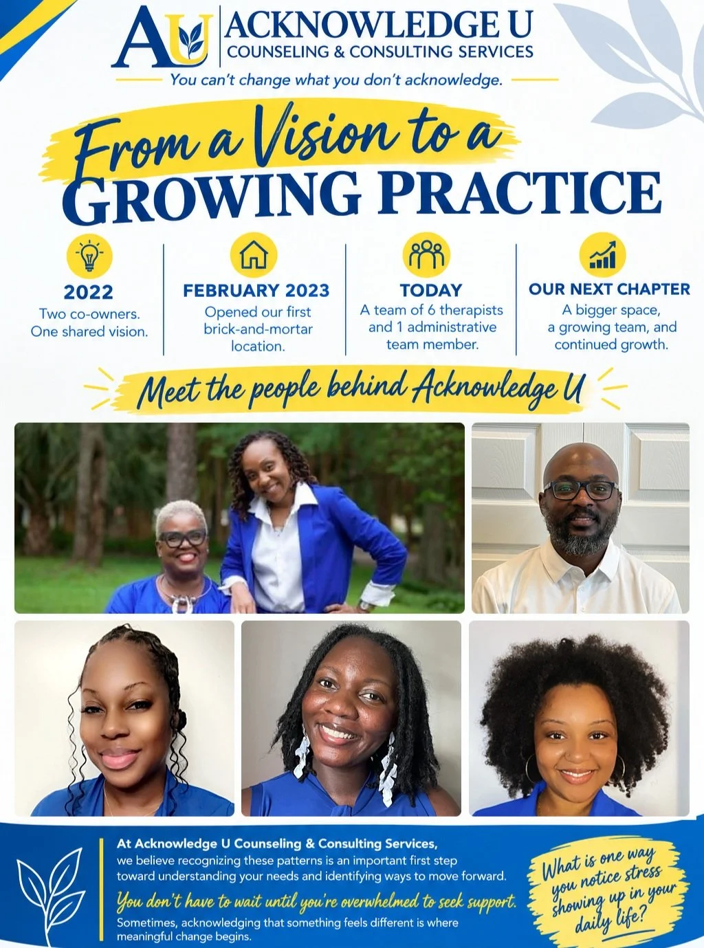 💙 A LITTLE LOOK AT OUR JOURNEY

Every meaningful vision starts somewhere&mdash;with a purpose, a plan, and a commitment to making a difference.

In 2022, Acknowledge U Counseling &amp; Consulting Services began with two co-owners and one shared visi