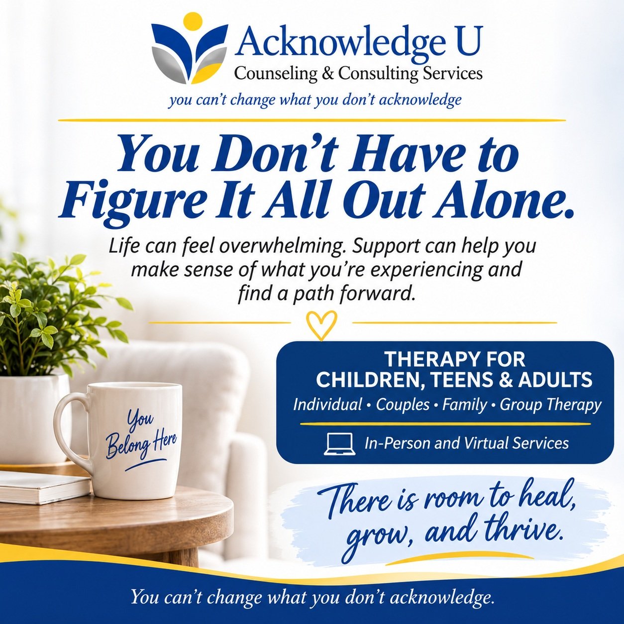 💙 You don't have to figure it all out alone.

Life brings challenges that can affect how we think, feel, connect with others, and navigate everyday responsibilities. Sometimes, having a safe and supportive space to process those experiences can make