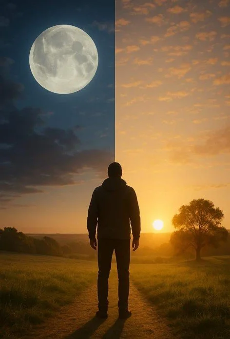 Homem, lua e pôr do sol / Man, moon and sunset / Hombre, luna y puesta de sol)