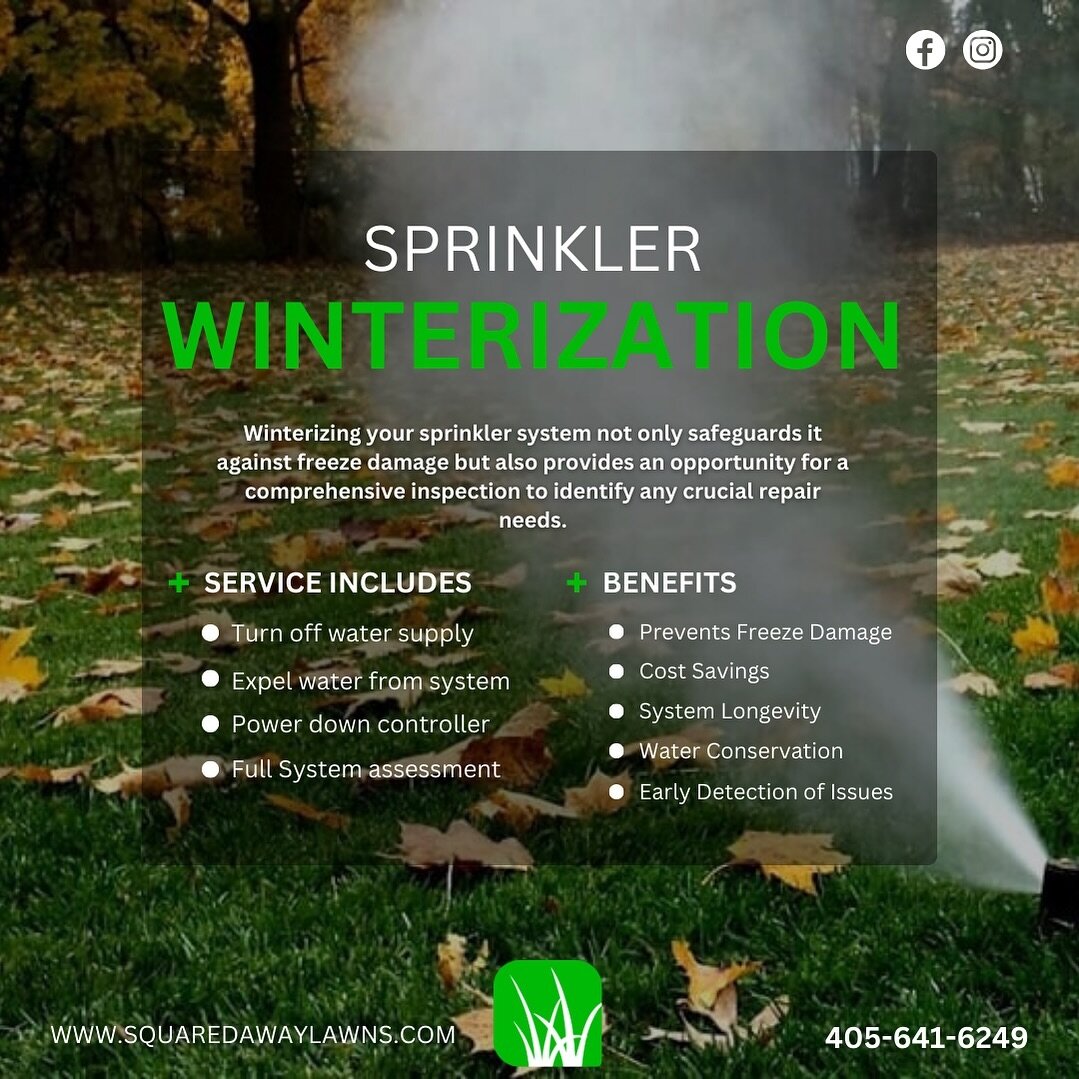 🌨️❄️ Protect Your Irrigation System This Winter with Squared Away Lawns! ❄️🌨️

As the cold arrives here in the OKC metro, it's crucial to prepare your irrigation system for freezing temperatures. At Squared Away Lawns, we specialize in winterizing 
