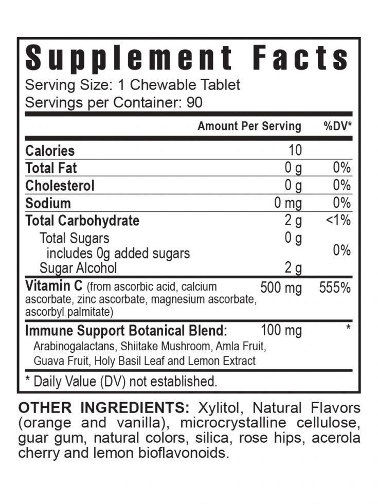 Nutritional information regarding Youngevity's Vitamin C Chewables Immune Support Tablets supplement.