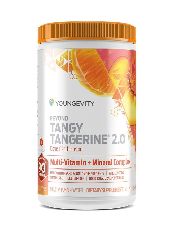 A canister of Youngevity's Beyond Tangy Tangerine 2.0 Citrus Peach Fusion powder supplement.