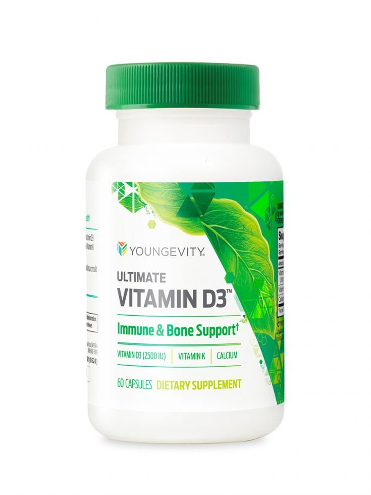 A bottle of Youngevity's Ultimate™ Vitamin D3 2500IU Caps supplement.