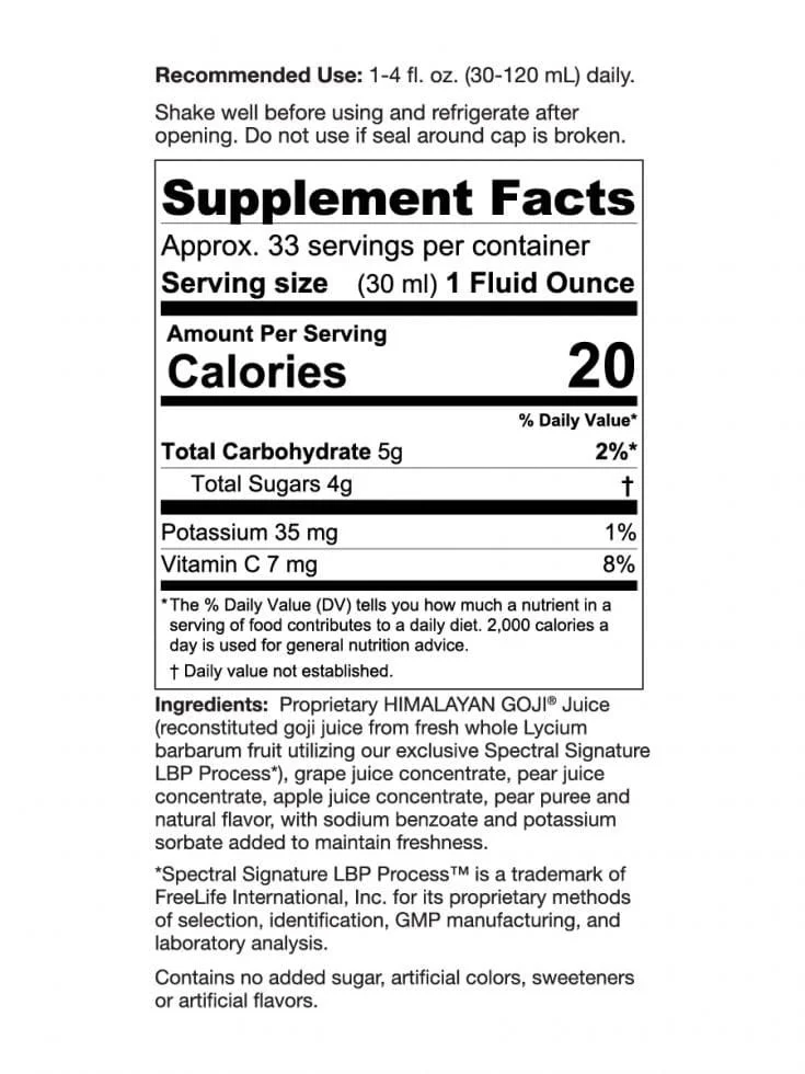 Nutritional information regarding Youngevity's Himalayan Goji Juice liquid supplement for Canadians.