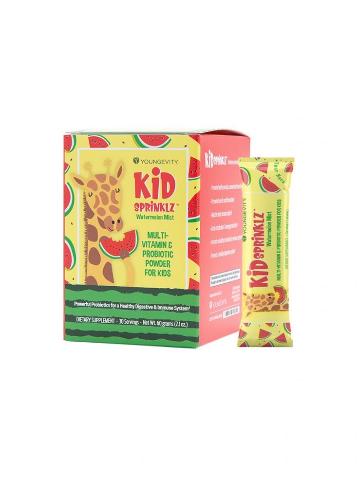 A box set containing Youngevity's Kidsprinklz Watermelon Mist Multi-Vitamin Powder supplement.