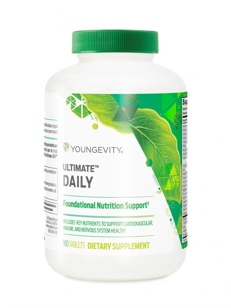 A bottle of Youngevity's Ultimate Daily supplement in 180 capsules for Canadians.