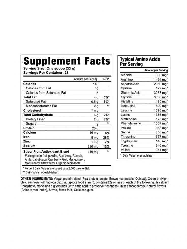 Nutritional information regarding Youngevity's Sta-Natural Plant-Based Protein Shake powder supplement for Canadians.