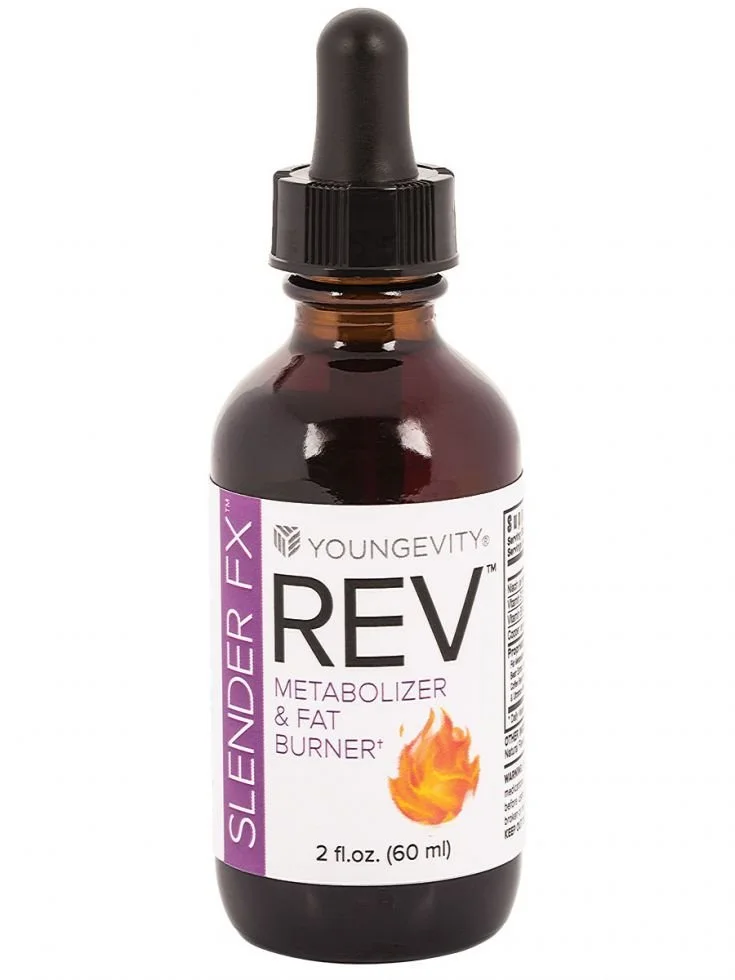 A bottle of Youngevity's Slender FX REV supplement in liquid form for Canadians.