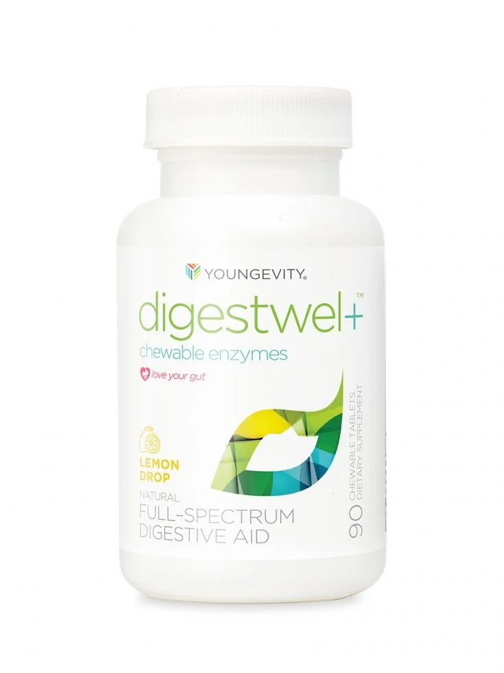 A bottle of Youngevity's Digestwel+ Digestive Enzymes chewable tablets supplement for Canadians.