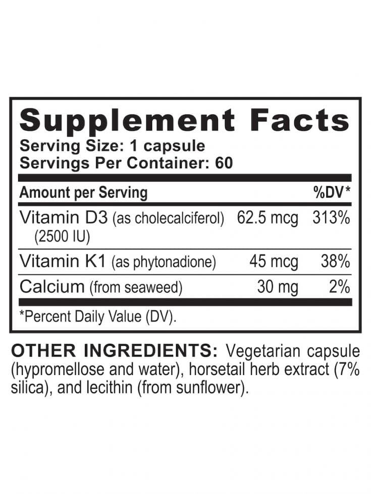 Nutritional information regarding Youngevity's Ultimate™ Vitamin D3 2500IU Caps supplement.