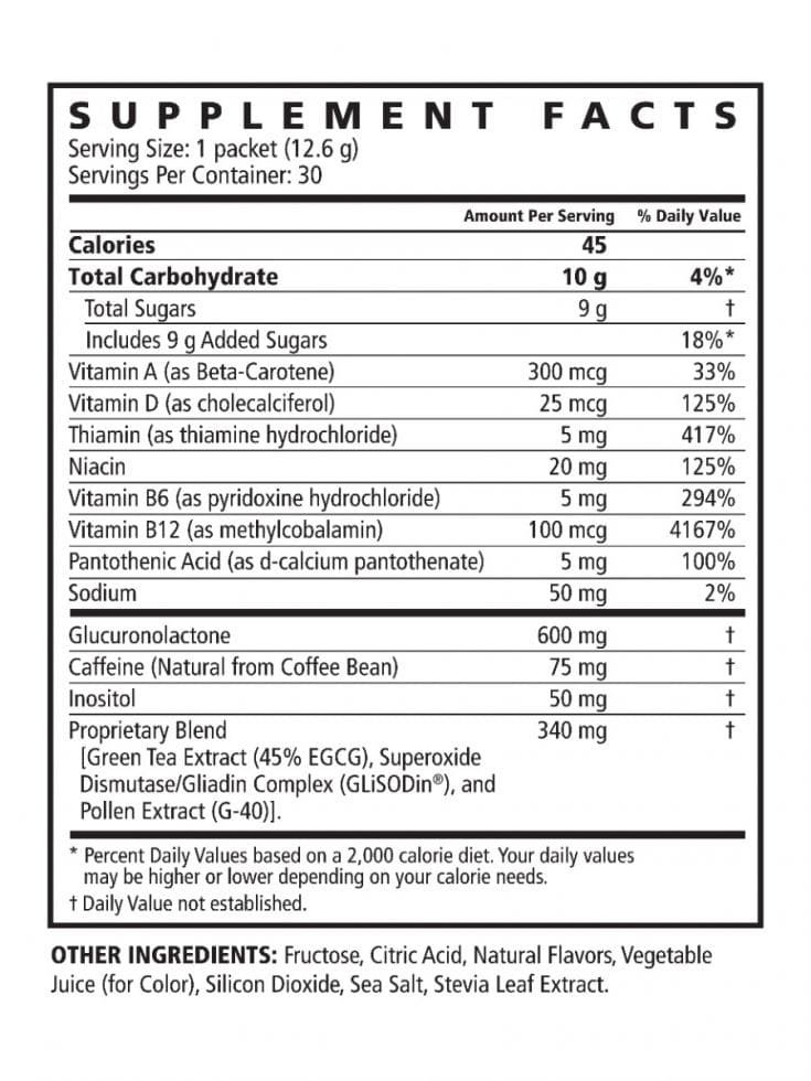 Nutritional information regarding Youngevity's Pollen Burst™ Strawberry Acai supplement in powder form.