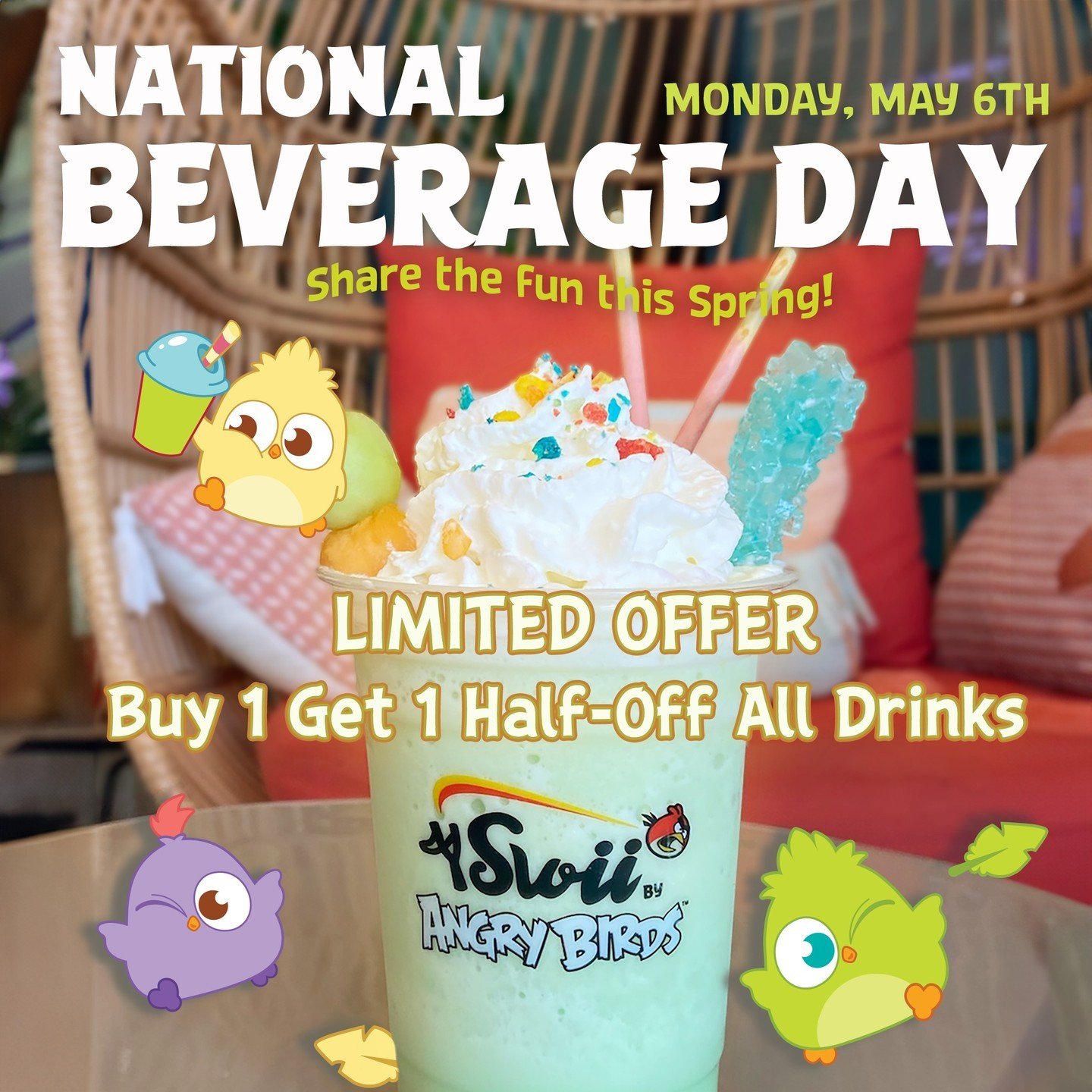 Buy 1🥤Get 1🧋Half-Off on all drinks ALL DAY next Monday, May 6th! 🥵🧊 Stay cool indoors with our specialty beverages, and share the fun with your friends on National Beverage Day! 🥰🐦

#iswiibyangrybirds #angrybirds #angrybirdsretailcafe #retailca