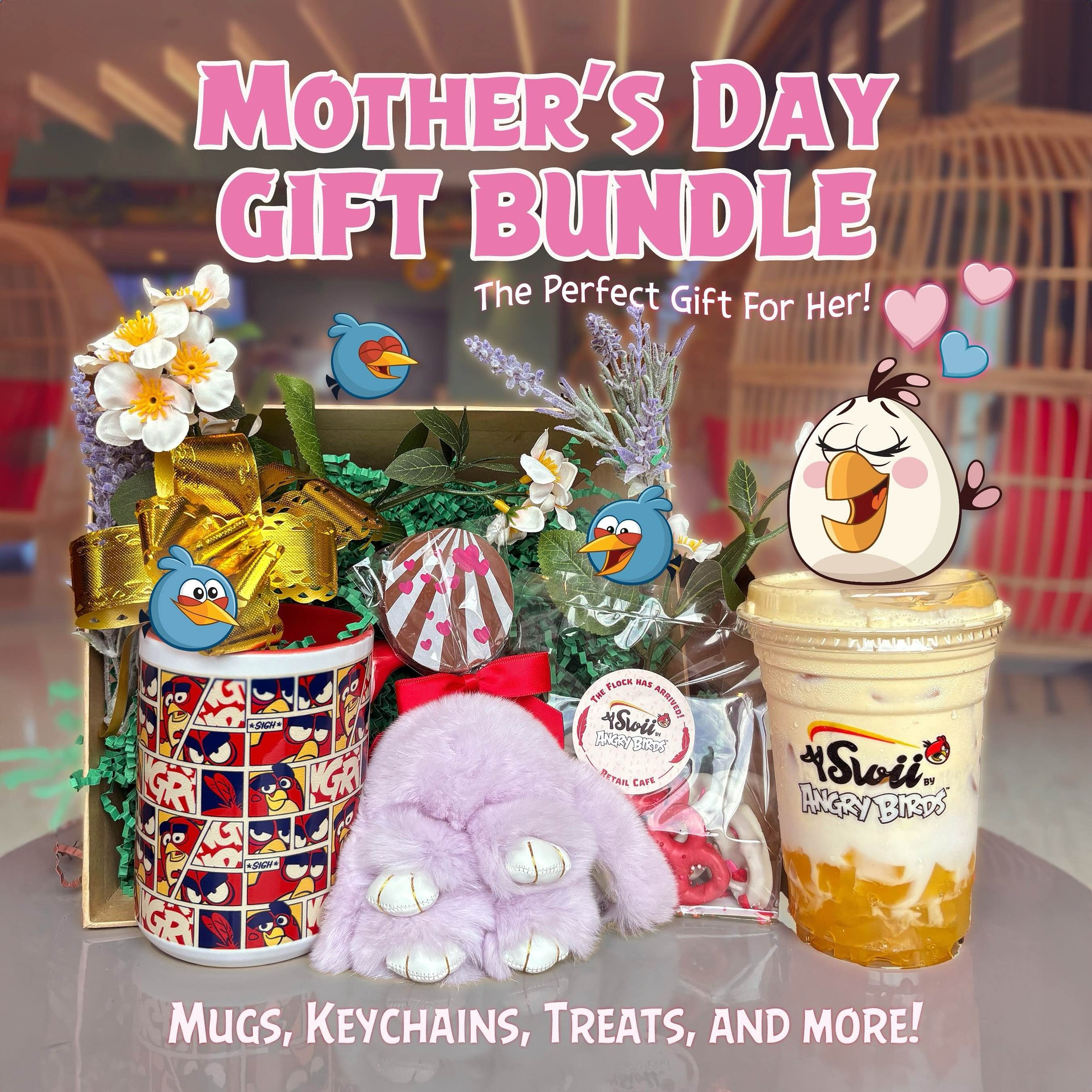 Still looking for the perfect Mother's Day gift? 💝

Our $25 gift bundle includes 1 Angry Birds mug, 1 fluffy bunny keychain, 1 chocolate lollipop, 1 bag of chocolate-covered pretzels, and 1 coupon for any 16oz drink of your choice! 🤤🫶 

Cuteness a