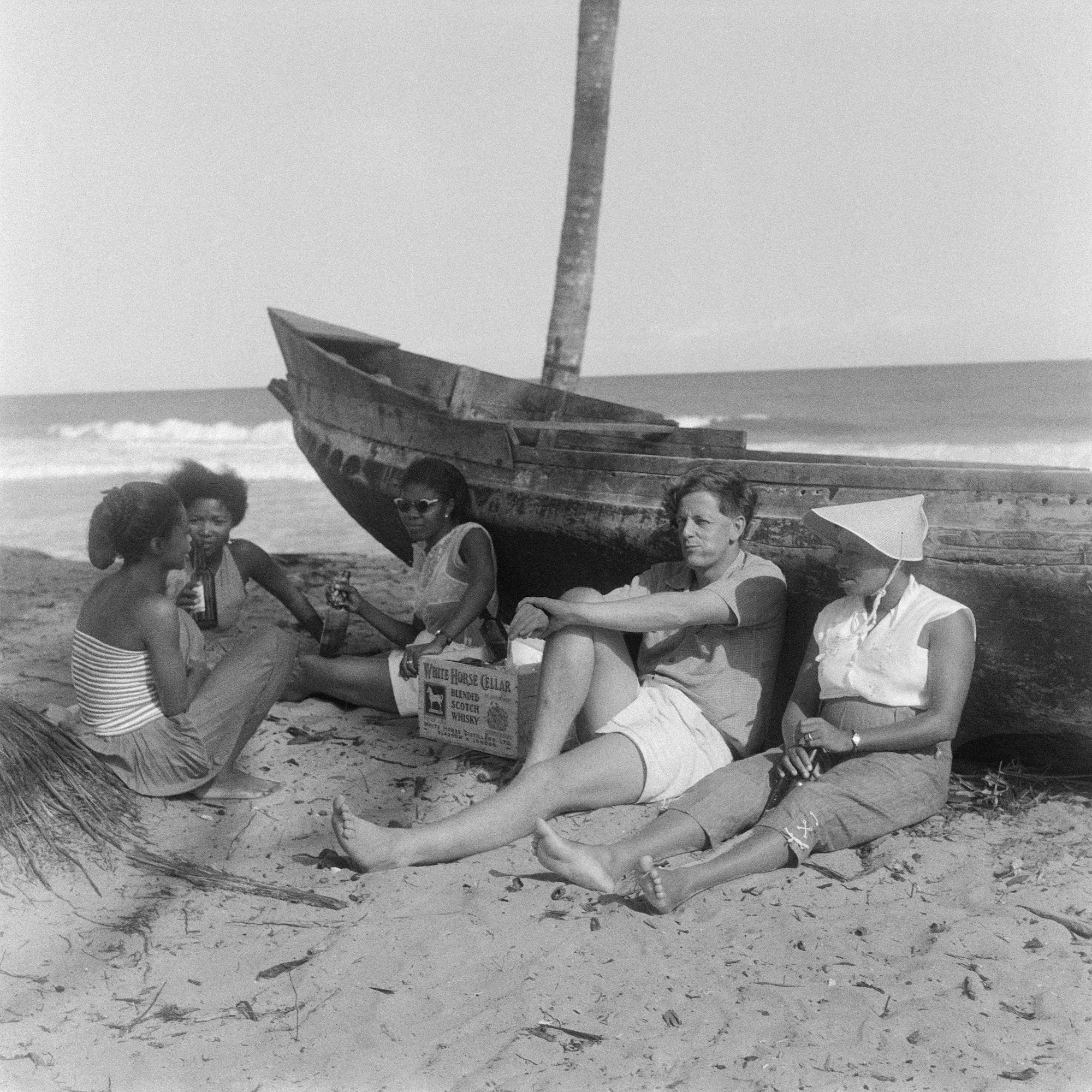 Jim Bailey and friends at a Drum party, Chorkor beach, Accra, 1950s.png