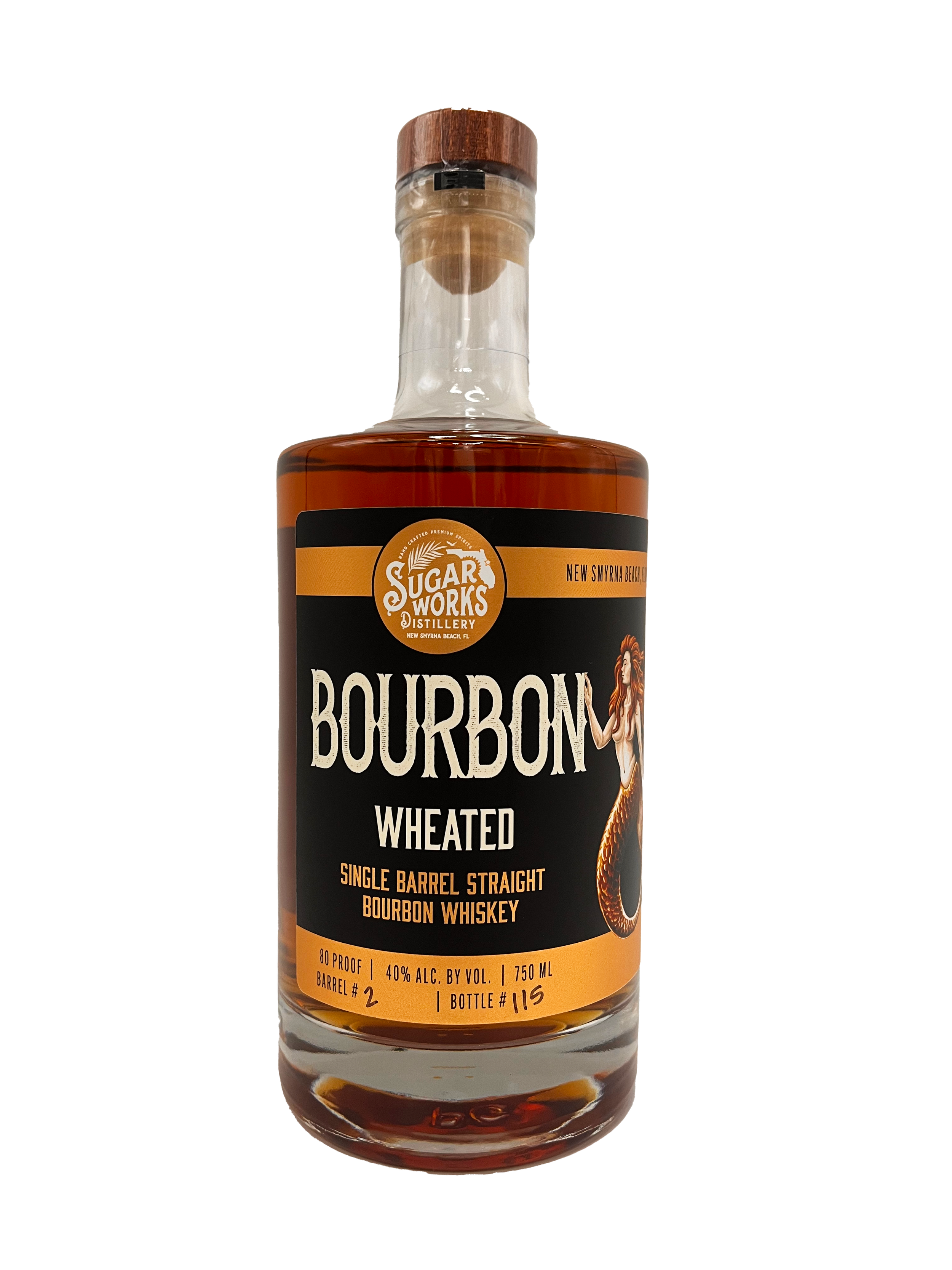 Bottle of Bourbon Wheated Single Barrel Straight Bourbon Whiskey from Sugar Works Distillery with a black and orange label, featuring a mermaid illustration.