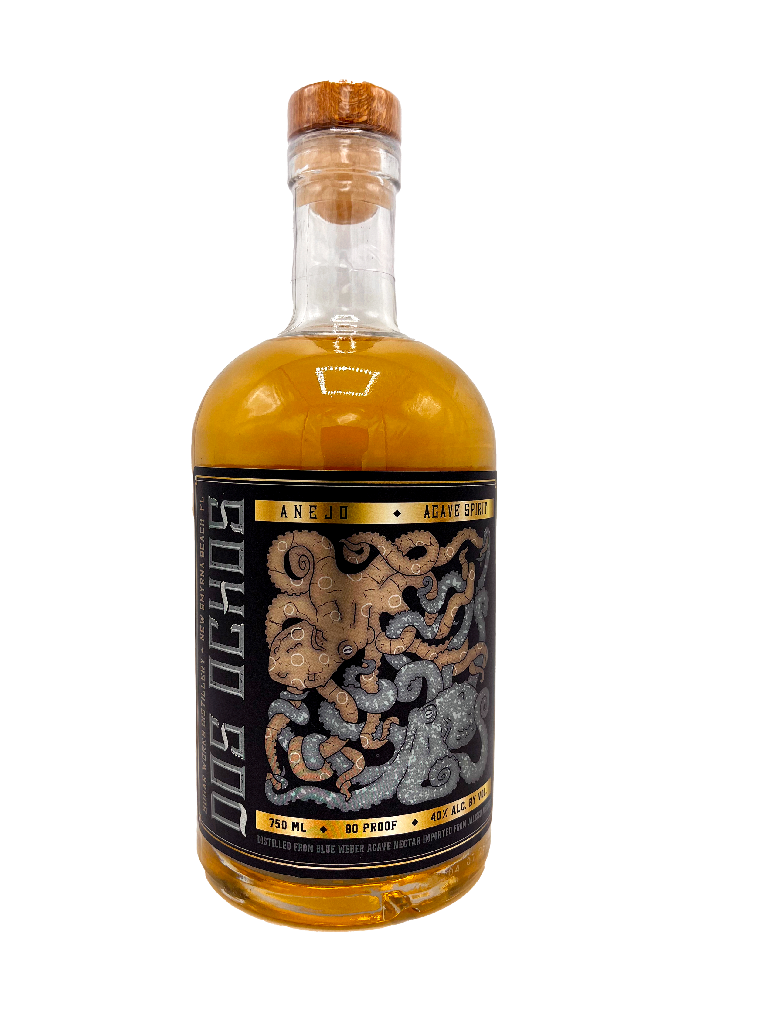 Bottle of Dos Ochos Añejo Agave Spirit from Sugar Works Distillery, featuring an illustrated black label with two intertwined octopi and gold accents.