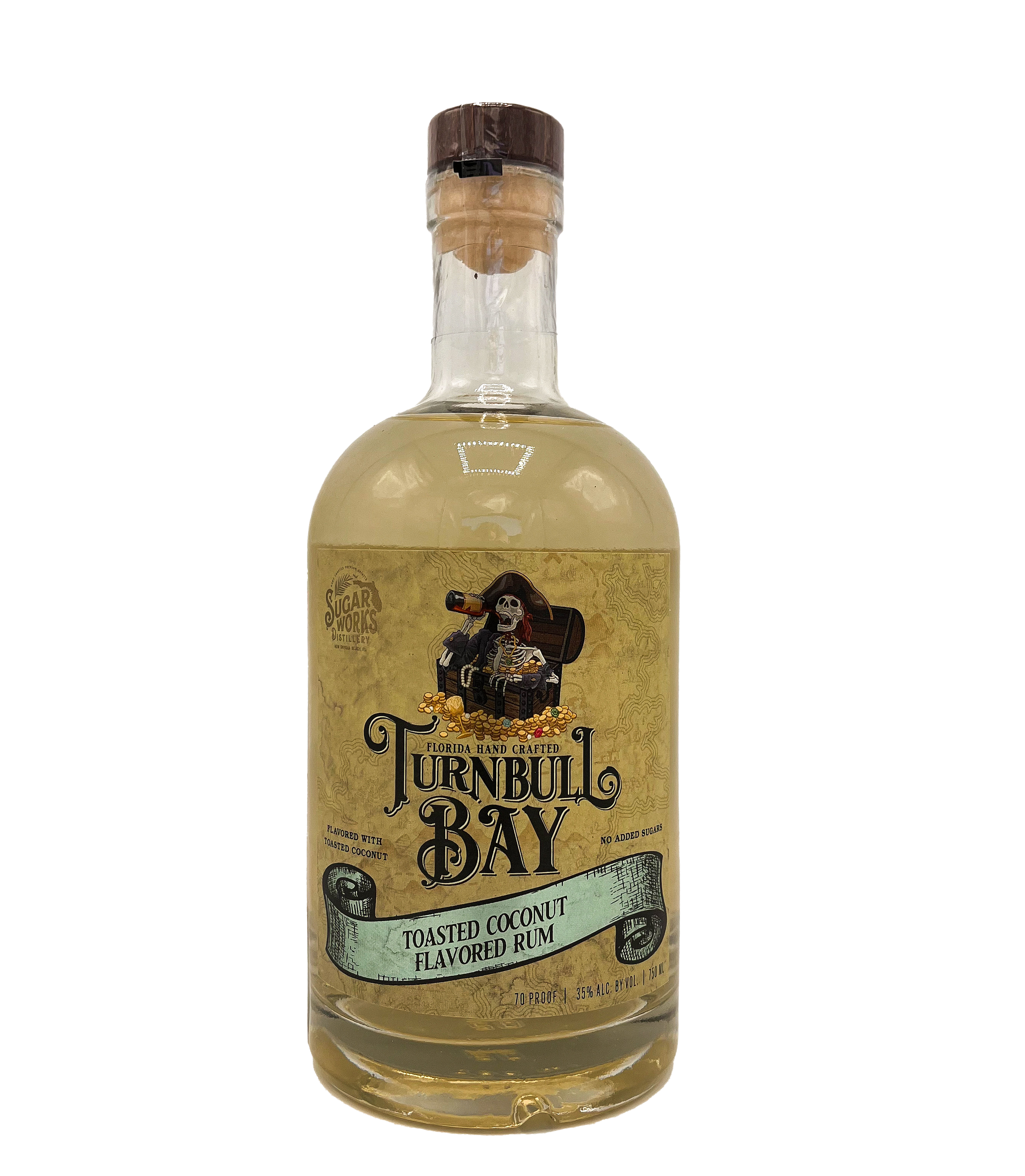 Bottle of Turnbull Bay toasted coconut flavored rum with a custom label featuring a skeleton pirate and pirate ship, produced by Sugar Works Distillery in Florida.