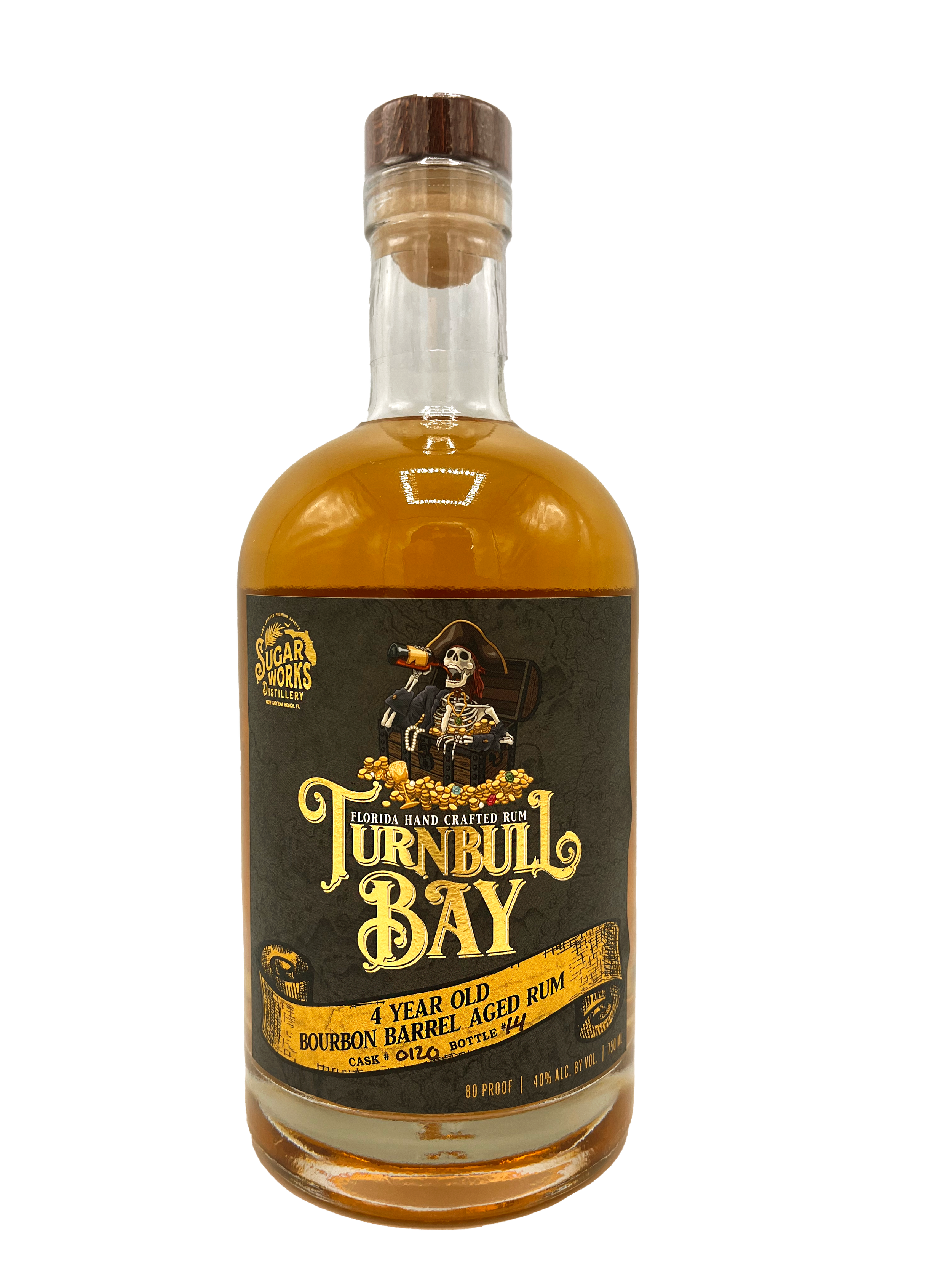 Bottle of Florida handcrafted rum labeled Turnbull Bay, 4-year-old bourbon barrel aged rum, 80 proof, 40% alcohol by volume, from Sugar Works Distillery.