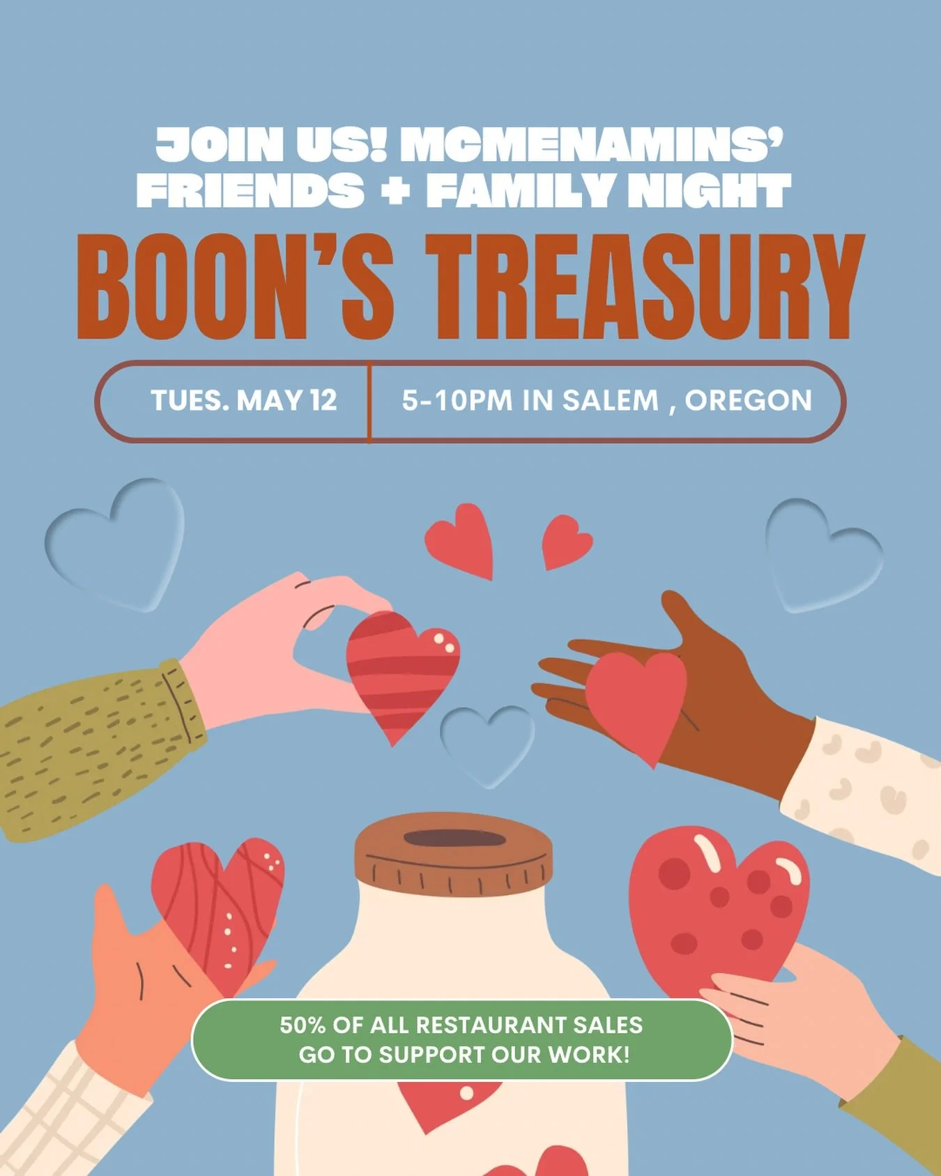 Tomorrow! ✨ Join us at @mcmenamins Boon&rsquo;s Treasury in Salem, 5-10pm for Friends and Family night! 
50% of all restaurant proceeds go to support our mission-driven work to prevent violence and abuse, and create systems change to support survivor