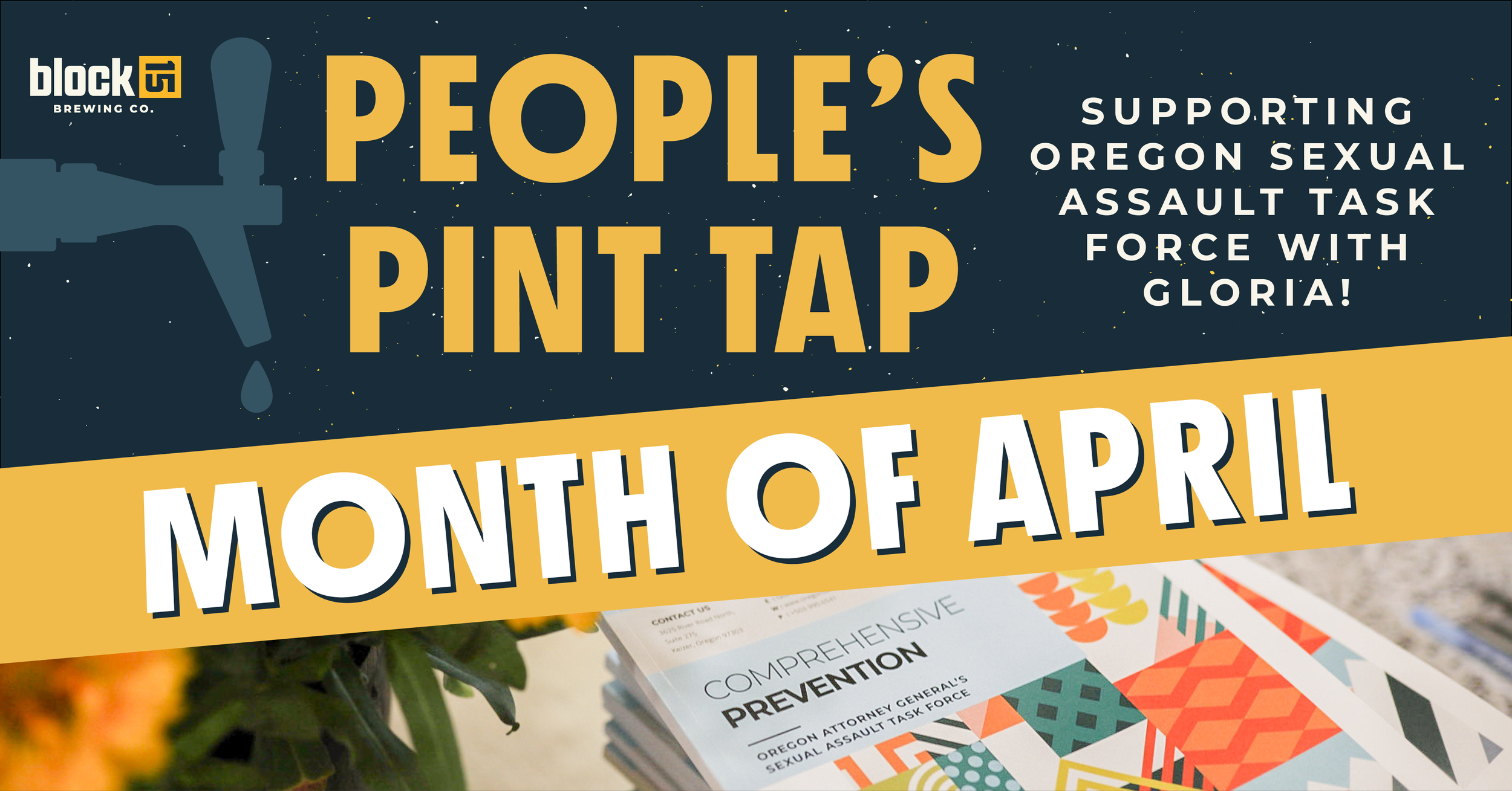 An image of Oregon SATF's prevention toolkit is featured, with text that reads "People's Pint Tap: Month of April. Supporting Oregon Sexual Assault Task Force with Gloria!"