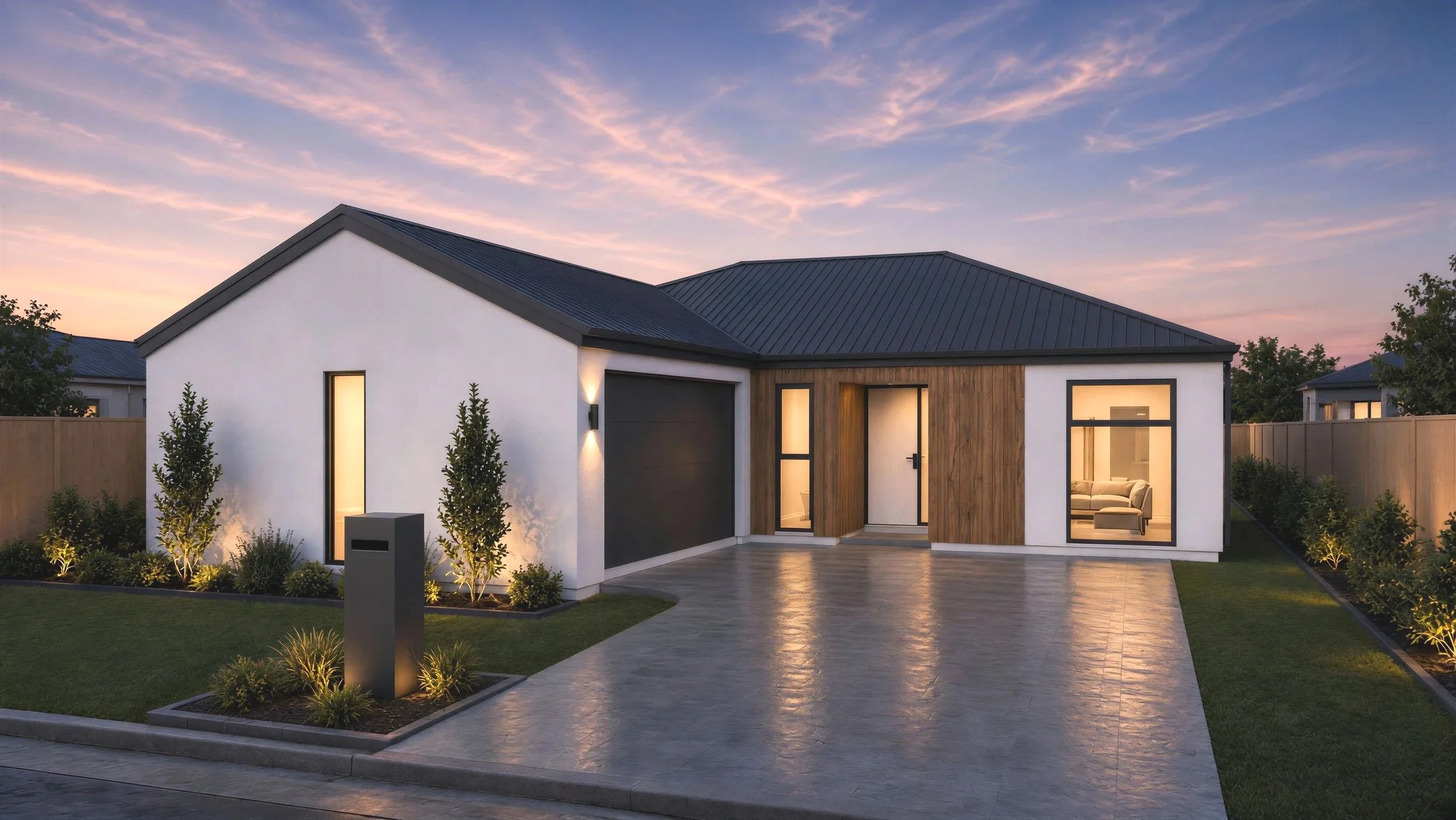 Four bedroom new build in Alberton, Ashburton. 1 Living, double garage. Timber cladding