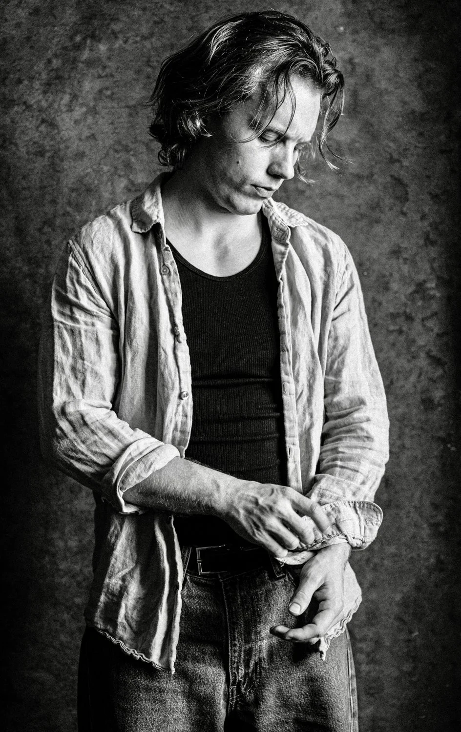 cinematic theatrical actors b/w portrait - Santa Monica actor Brayden Myrick. Edgy theatrical headshot.
