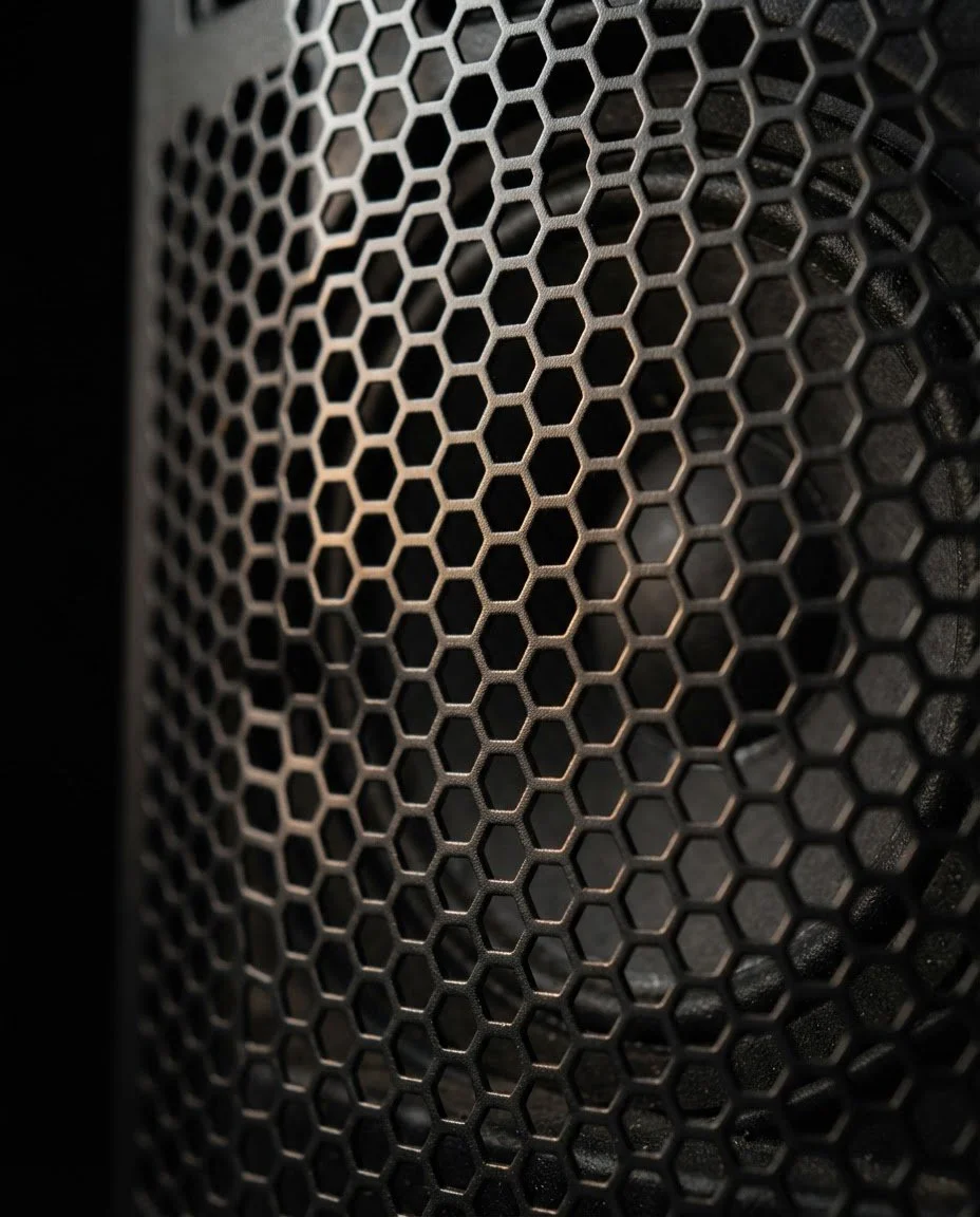 Close-up of a metal speaker grille with honeycomb pattern.