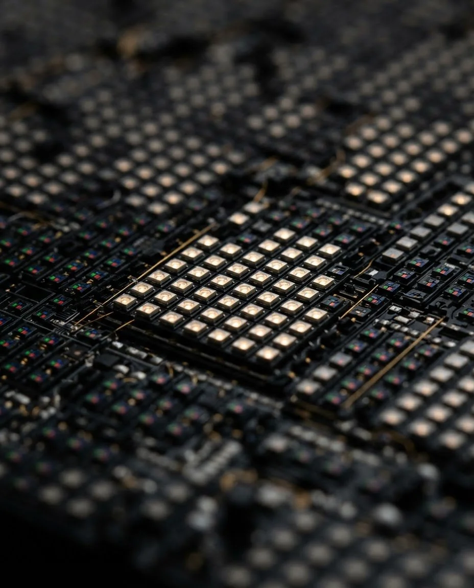 Close-up view of a computer chip or circuit board with numerous small, intricate electronic components.