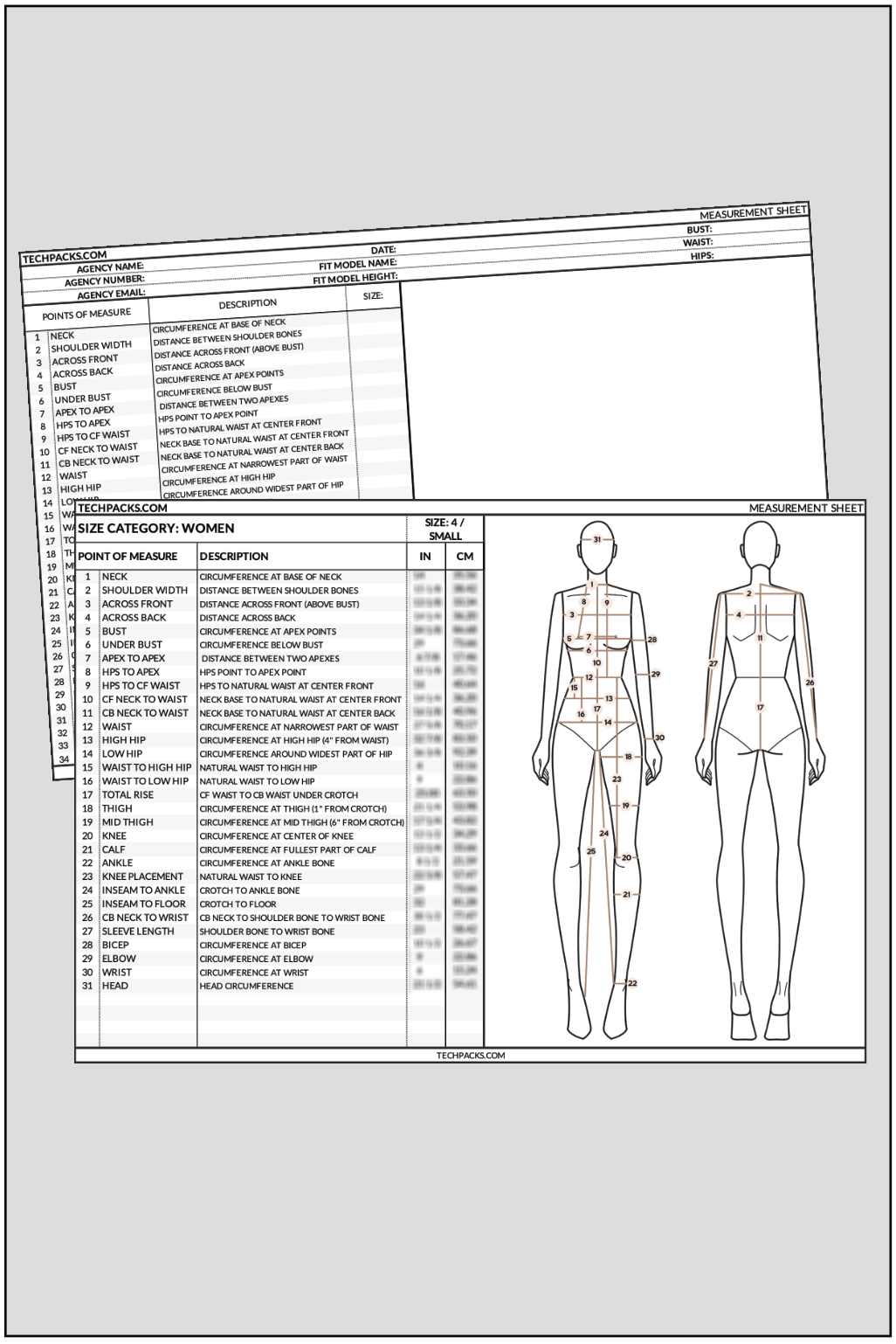 WOMEN'S SIZE SHEET (SIZE SMALL) + FIT MODEL CASTING SHEET