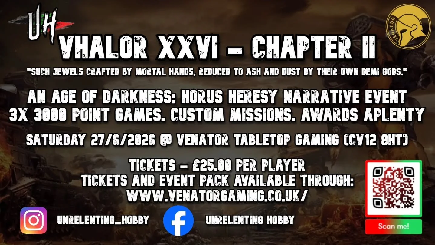 As Chapter I for May is almost at capacity, we can now get Chapter II out and loud!

Grab your tickets from the lads at @venatorttg on their website (Home page, scroll down to events), and get set for three games of utter narrative goodness. Followin