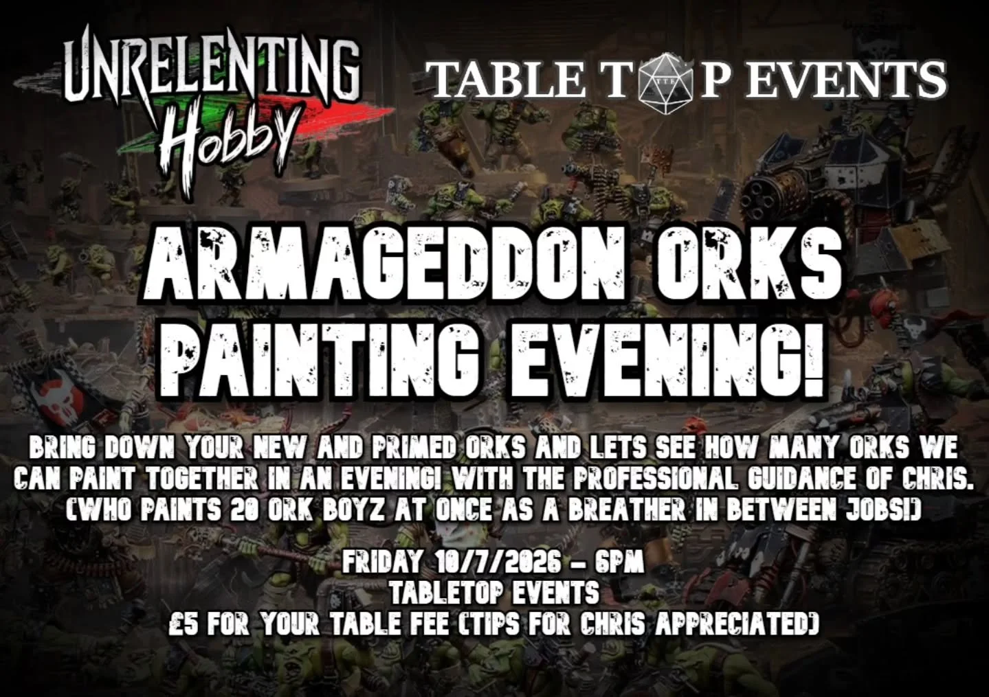 Excited to form your mighty WAAAGH!? Wanting to try and get a grasp on how you're going to paint 30+ models and get them table bound ASAP?

Head along to this (essentially) FREE painting workshop over at @tabletop_events_ltd on the evening of Friday 