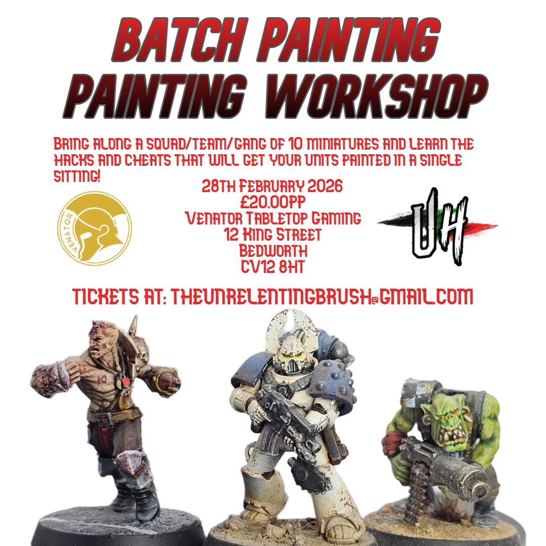 Event poster for a batch painting workshop with miniature figurines, date February 28, 2026, at Vendor Tabletop Gaming, including contact email for tickets.