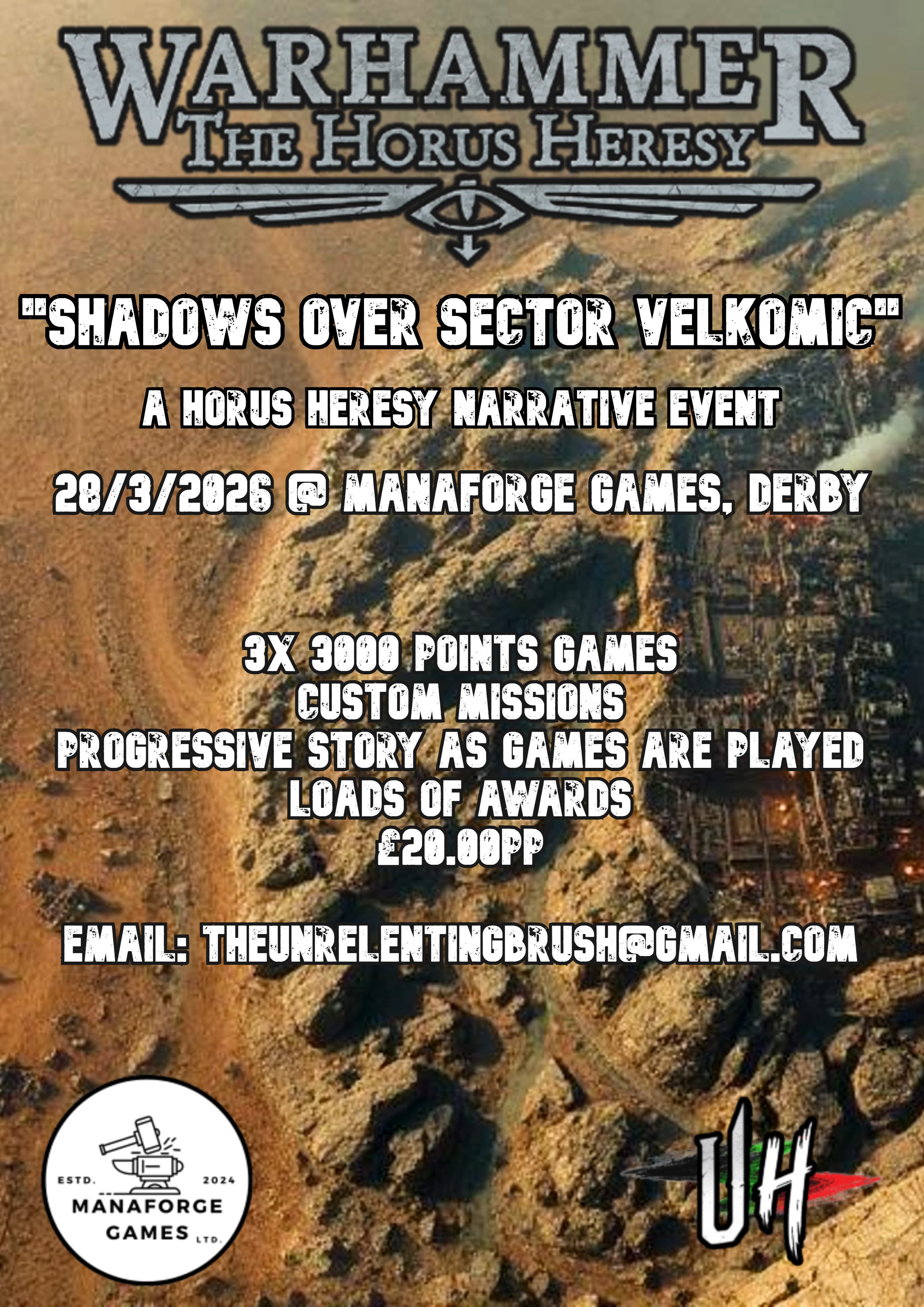 Promotional poster for Warhammer: The Horus Heresy event titled 'Shadows Over Sector Velkomic' at Manaforge Games, Derby, on March 28, 2026, with details about gameplay, rewards, and contact email.