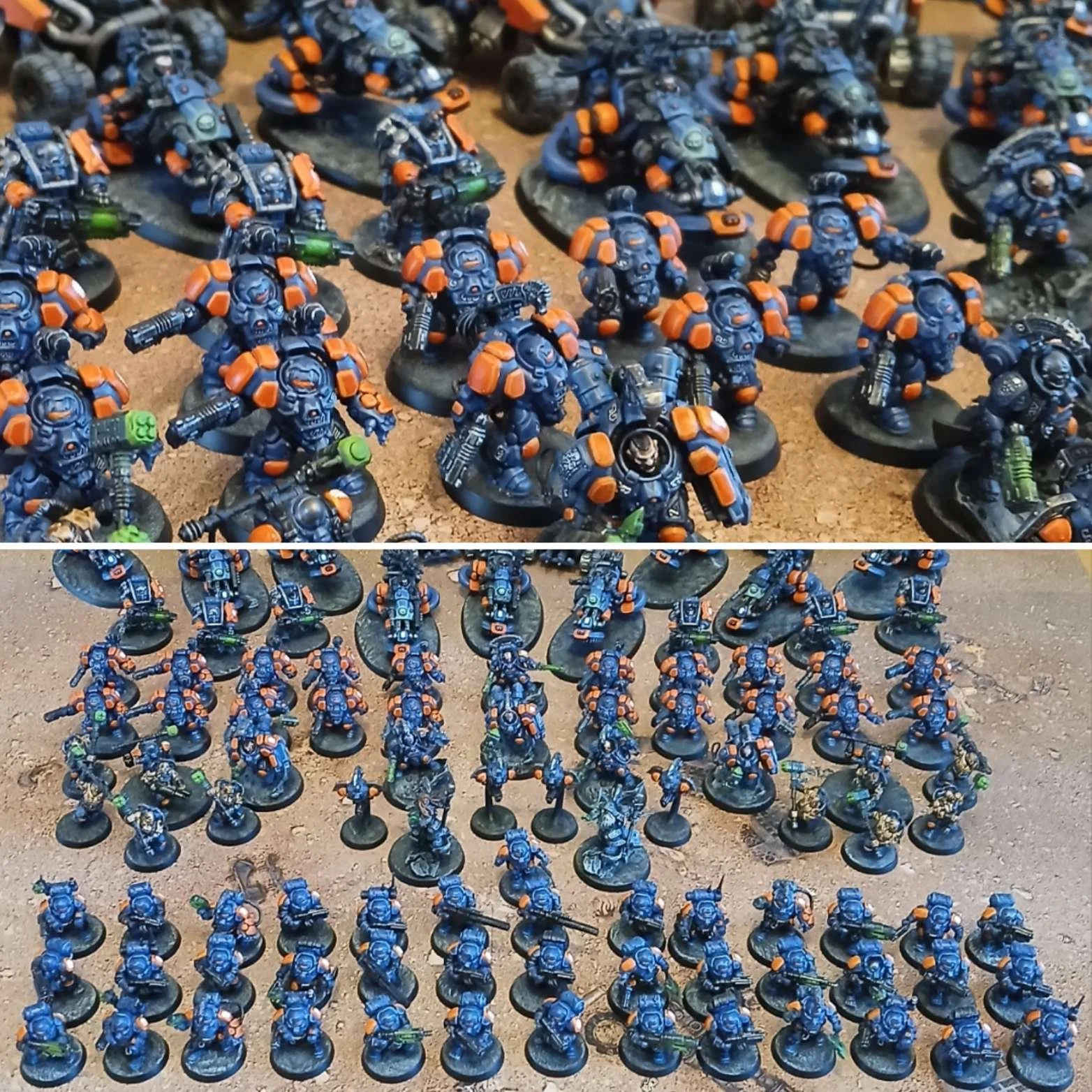 Two groups of painted miniature models of futuristic soldiers and robots, with blue and orange armor, on a textured surface.