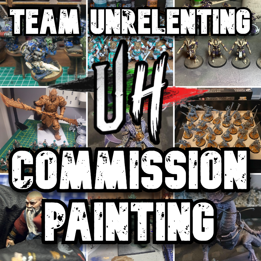 Collage of miniature figurines and models in various stages of painting and assembly, with text overlay reading "Team Unrelenting 4th Commission Painting".