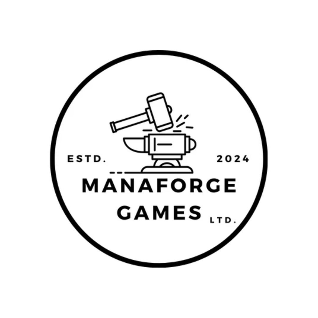 Black and white logo of Manaforge Games with a gavel, hammer, and axe crossing a ship's wheel, established in 2024.