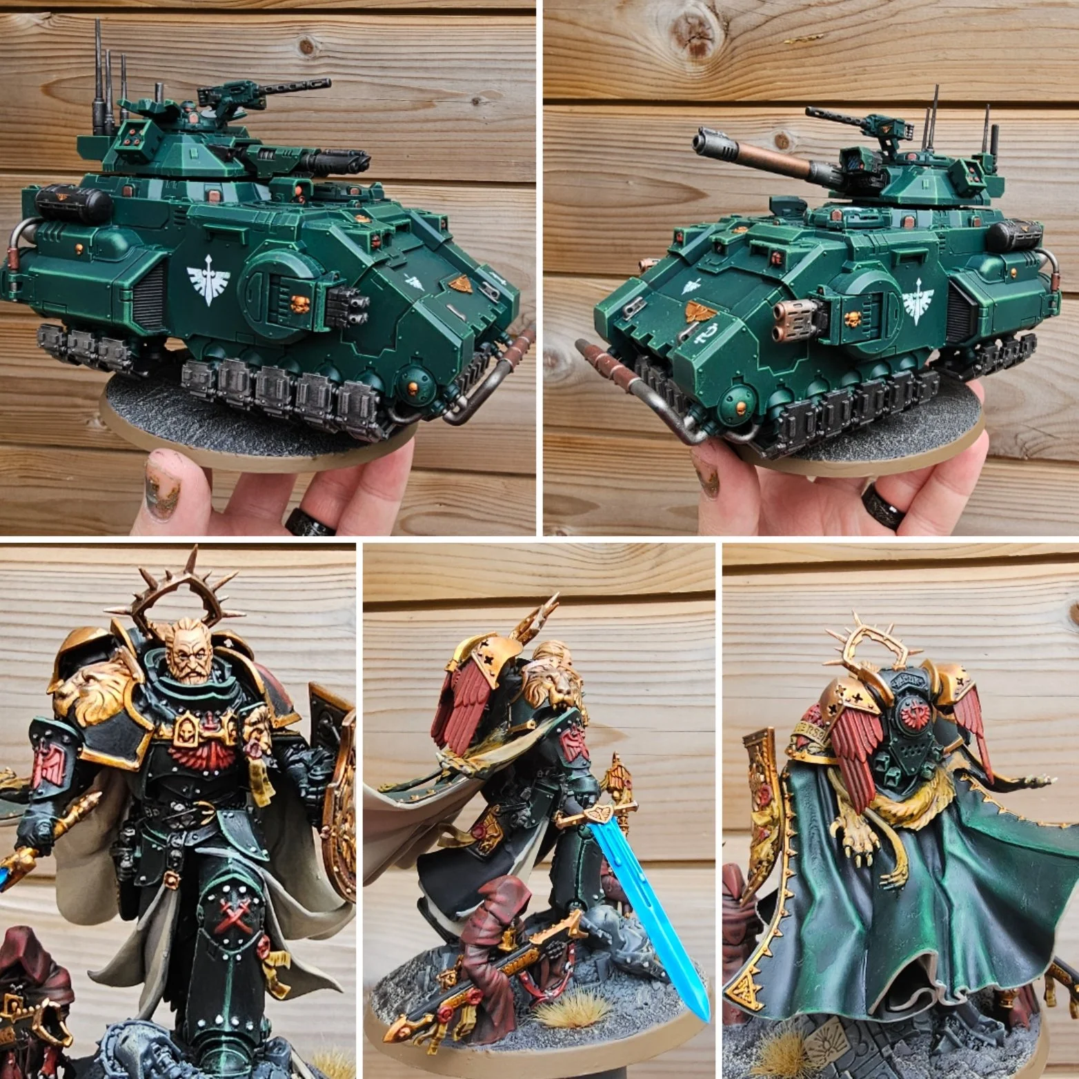 Top two images: a detailed green model of a tank with various weapons, displayed on a circular base, shown from different angles. Bottom three images: painted Warhammer miniatures of warriors in black, gold, and green armor, with one wielding a blue sword and another with a large shield, displayed on a circular base with terrain elements.